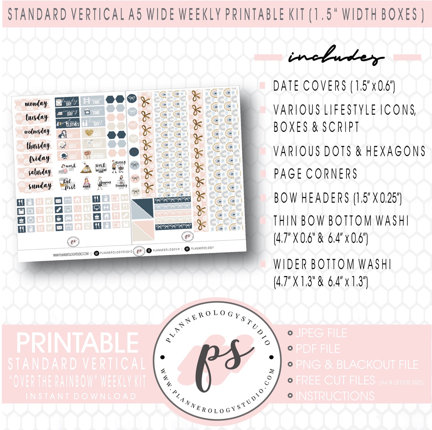 Over the Rainbow Weekly Kit Printable Planner Digital Stickers (for use with Standard Vertical A5 Wide Planners)