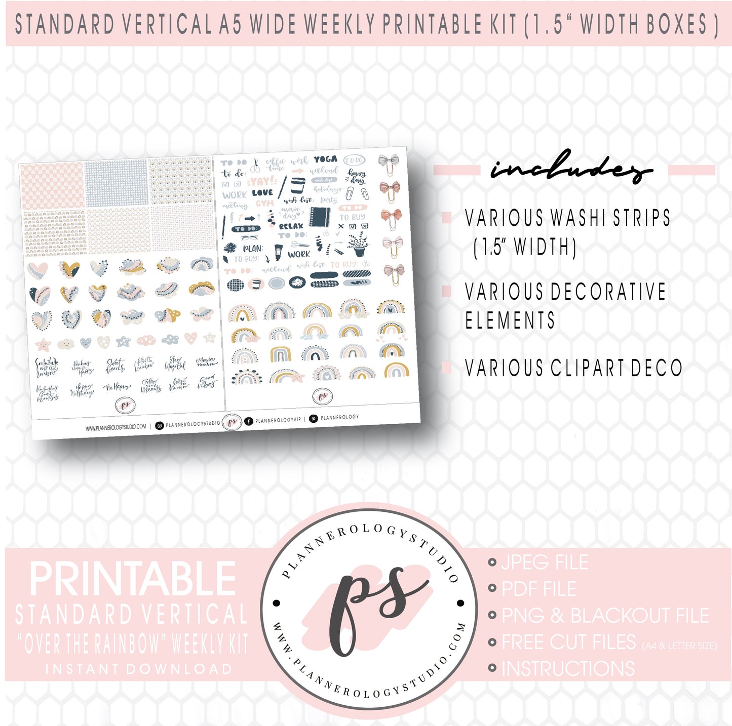 Over the Rainbow Weekly Kit Printable Planner Digital Stickers (for use with Standard Vertical A5 Wide Planners)