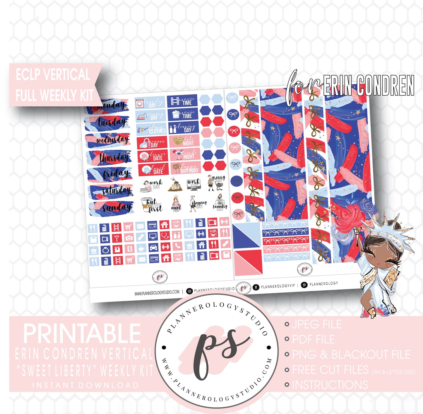 Sweet Liberty (Independence Day) Full Weekly Kit Printable Planner Digital Stickers (for use with Standard Vertical A5 Wide Planners)