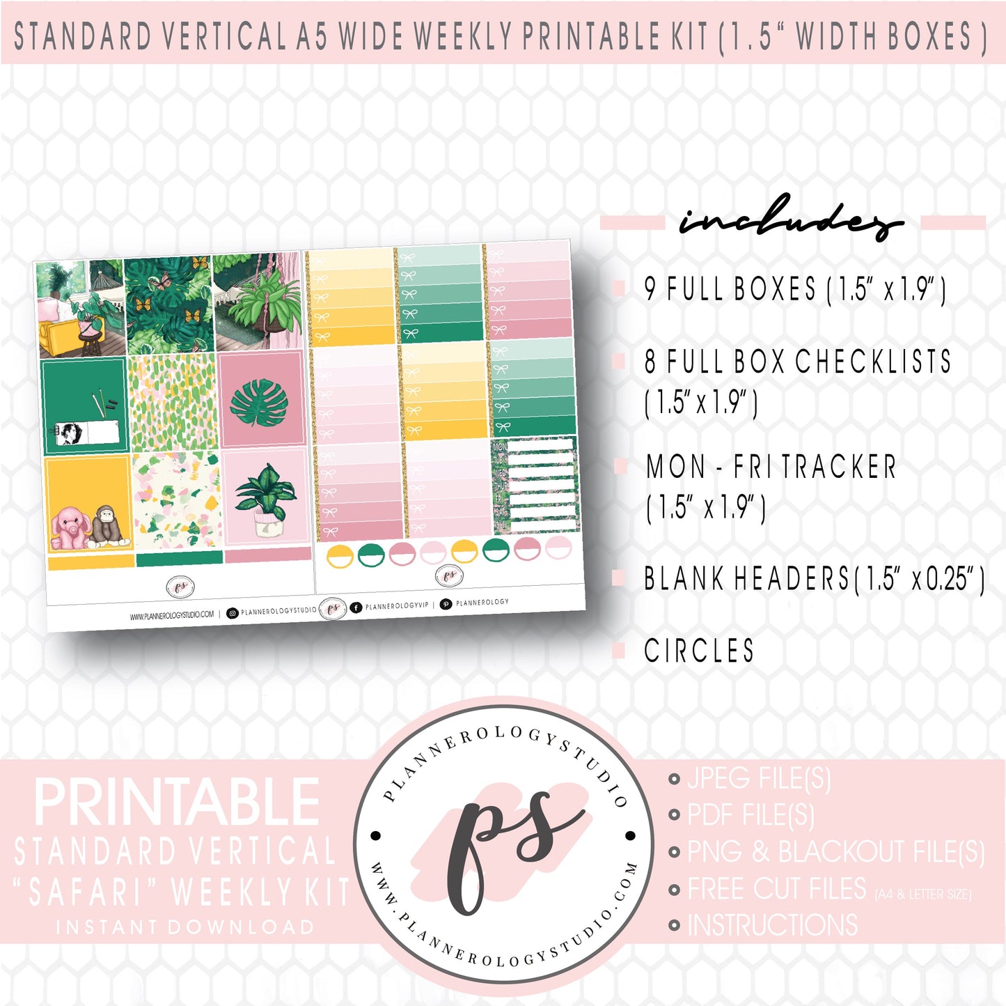 Safari Weekly Digital Printable Planner Stickers Kit (for use with Standard Vertical A5 Wide Planners)