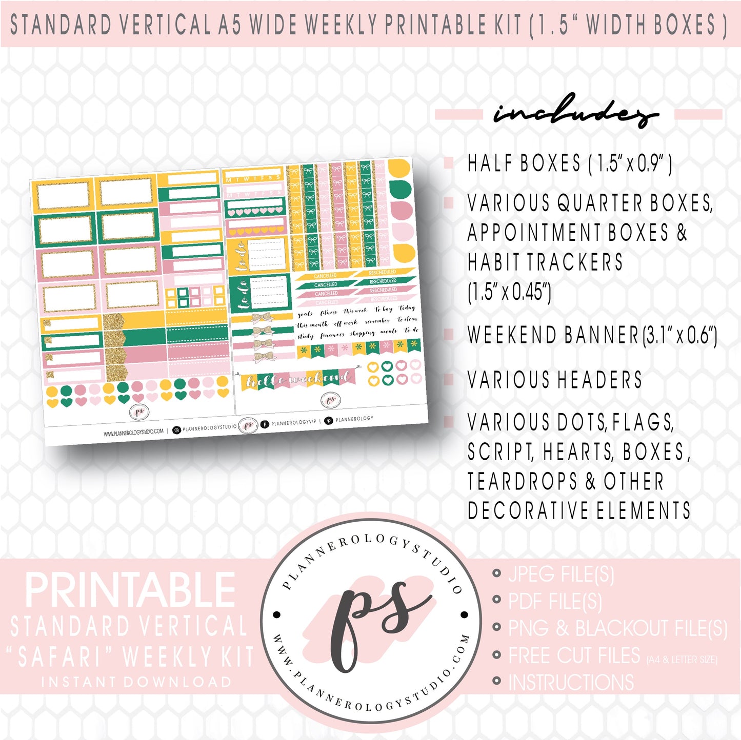 Safari Weekly Digital Printable Planner Stickers Kit (for use with Standard Vertical A5 Wide Planners)