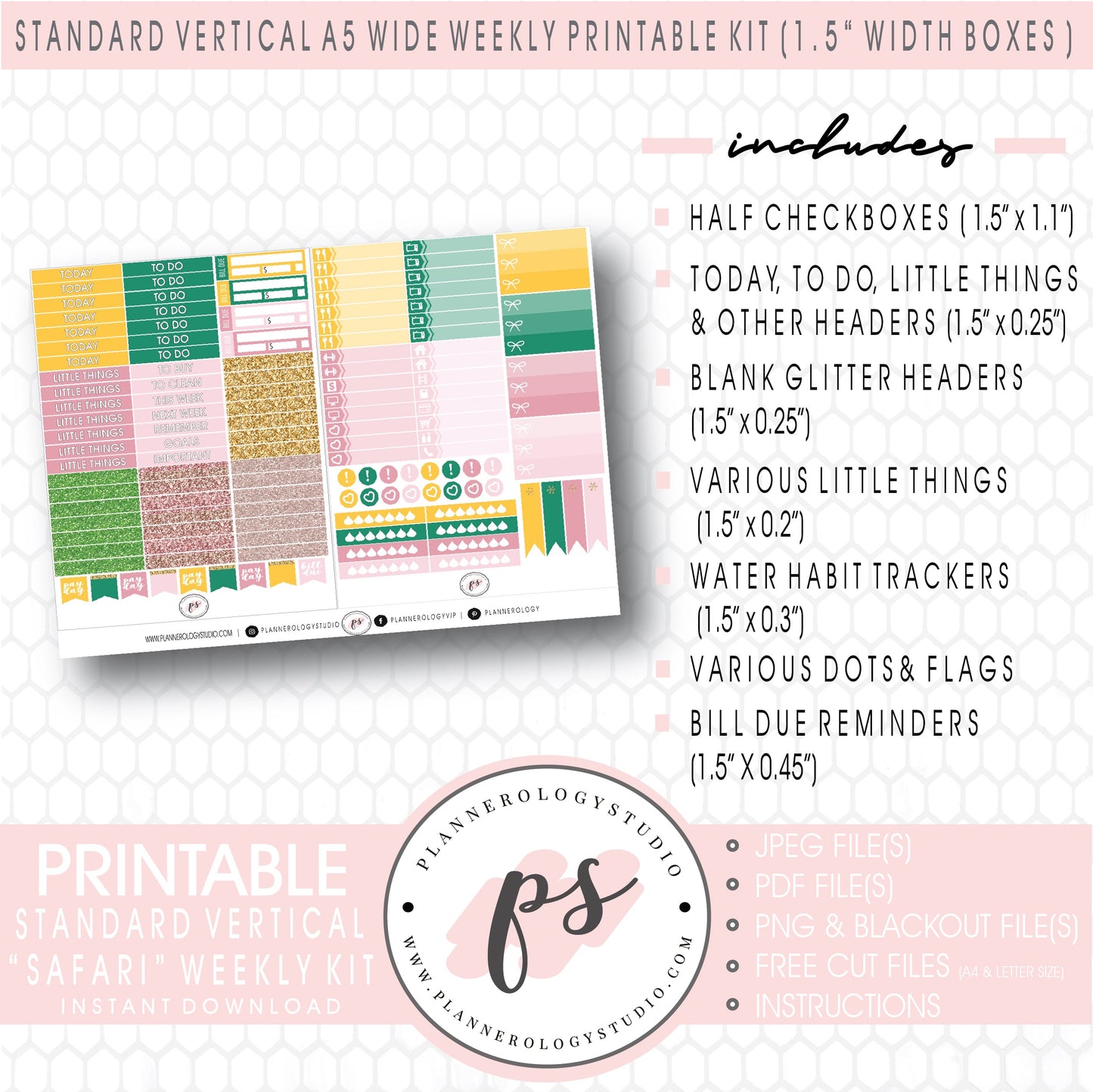 Safari Weekly Digital Printable Planner Stickers Kit (for use with Standard Vertical A5 Wide Planners)