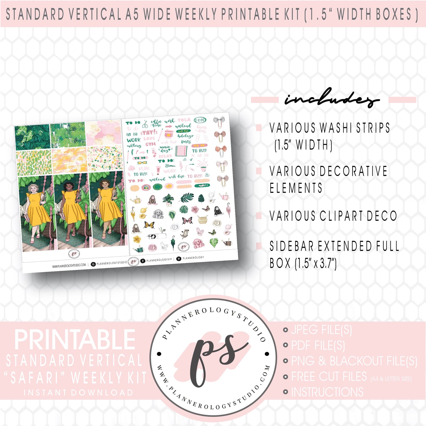 Safari Weekly Digital Printable Planner Stickers Kit (for use with Standard Vertical A5 Wide Planners)