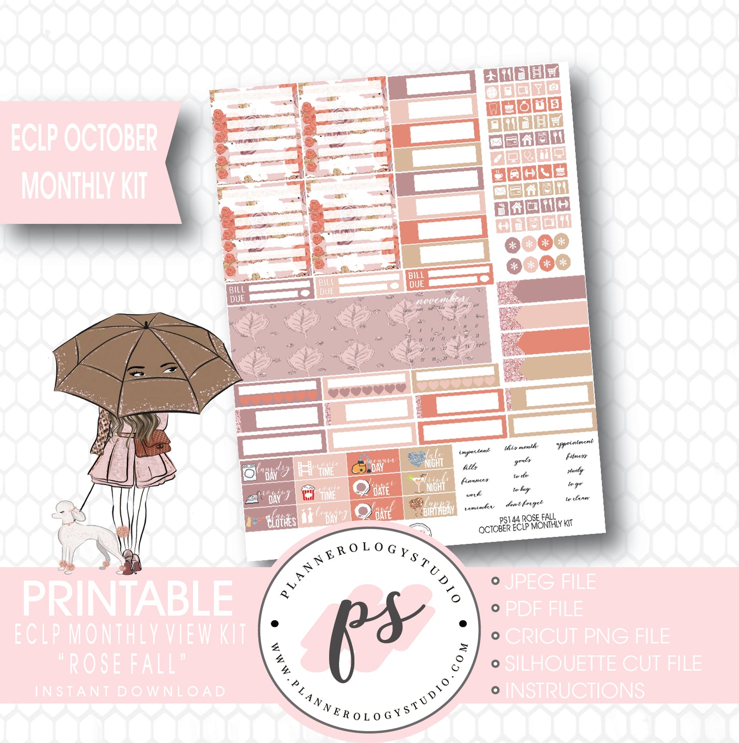 Rose Fall October 2017 Monthly View Kit Printable Planner Stickers (for use with ECLP) - Plannerologystudio