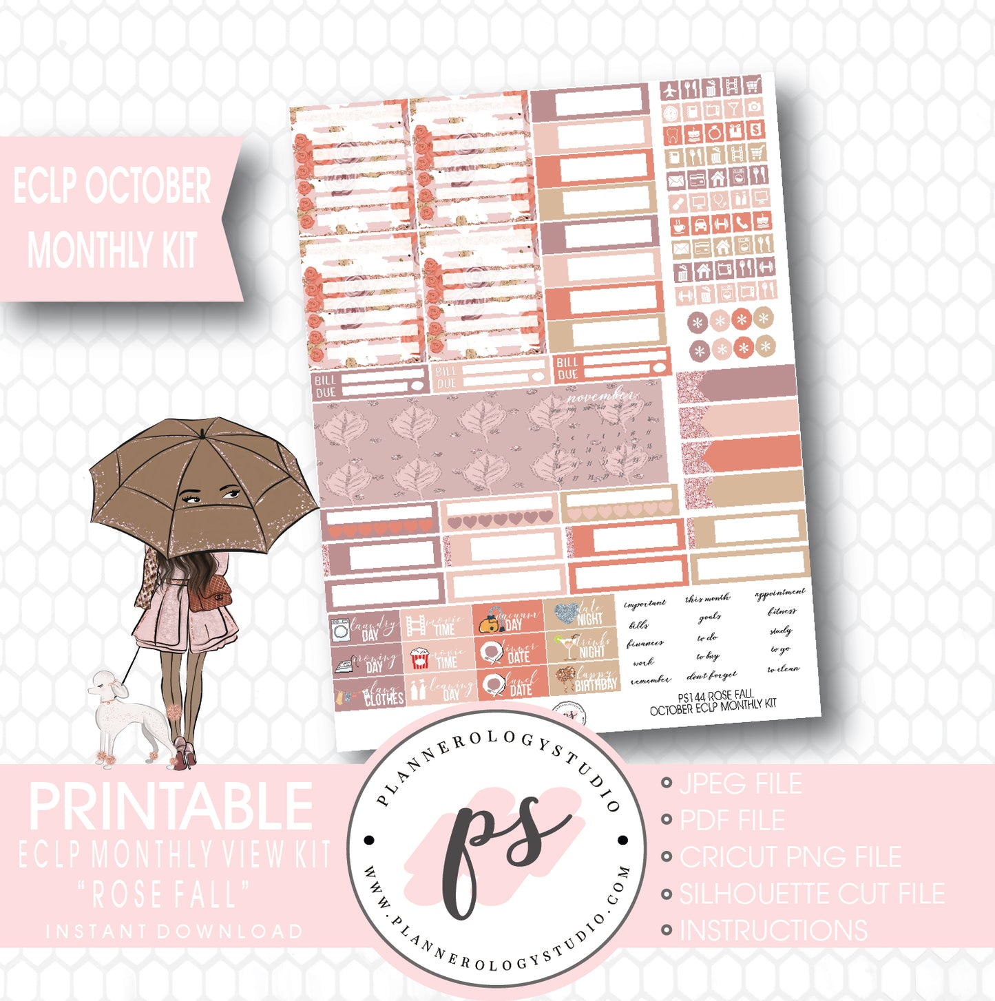 Rose Fall (Dark Skin Tone) October 2017 Monthly View Kit Printable Planner Stickers (for use with ECLP) - Plannerologystudio