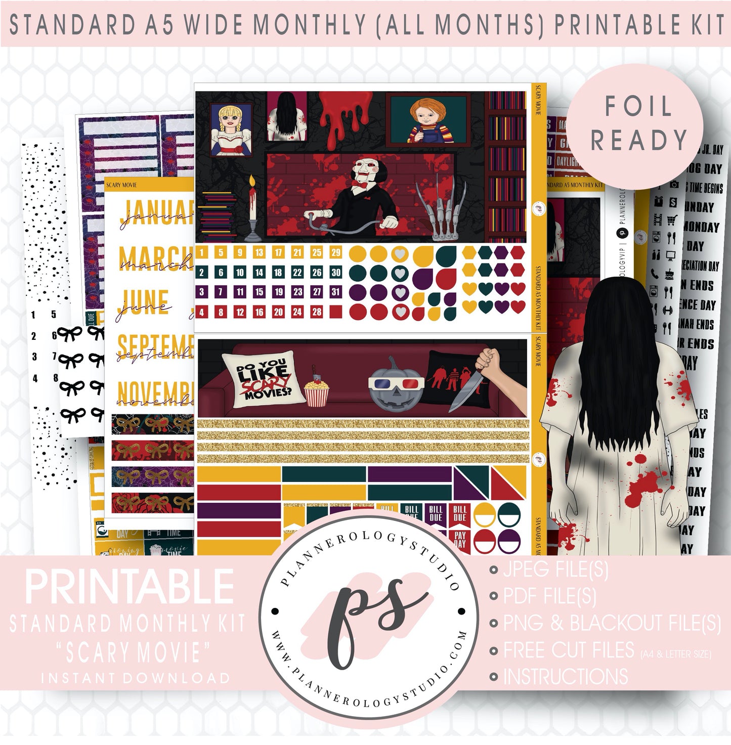 Scary Movie Foil Ready Monthly Kit Digital Printable Planner Stickers (Undated All Months for Standard A5 Wide Planners)