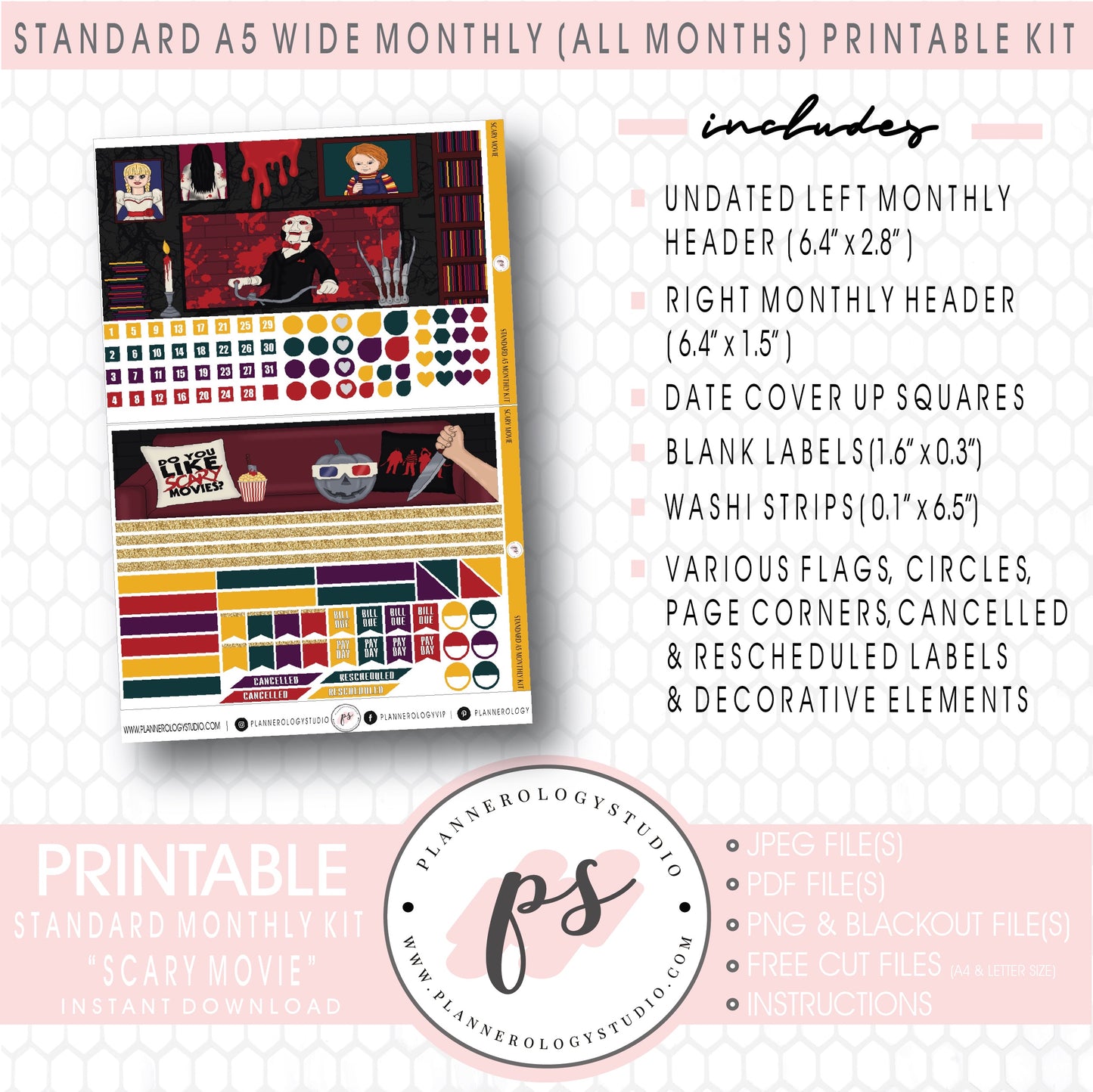 Scary Movie Foil Ready Monthly Kit Digital Printable Planner Stickers (Undated All Months for Standard A5 Wide Planners)