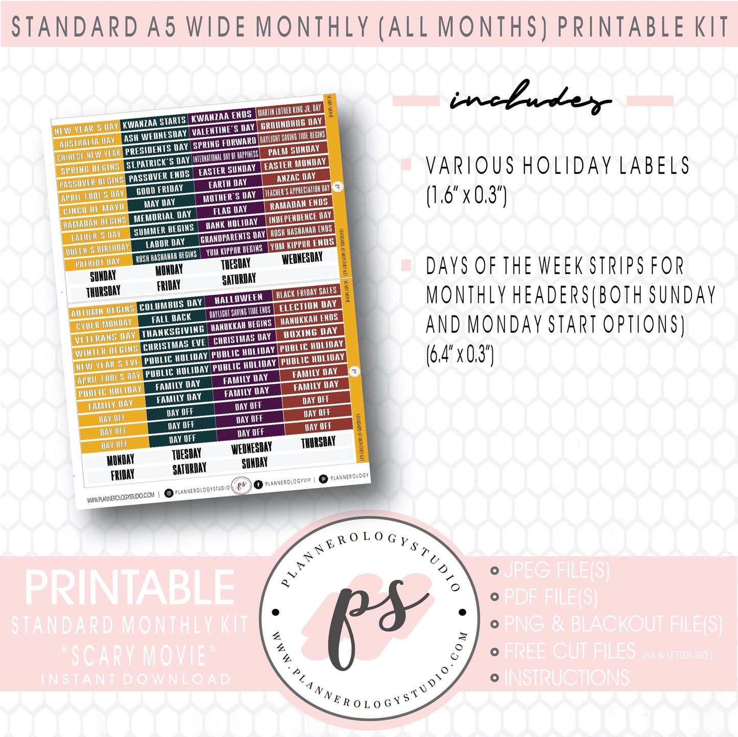 Scary Movie Foil Ready Monthly Kit Digital Printable Planner Stickers (Undated All Months for Standard A5 Wide Planners)