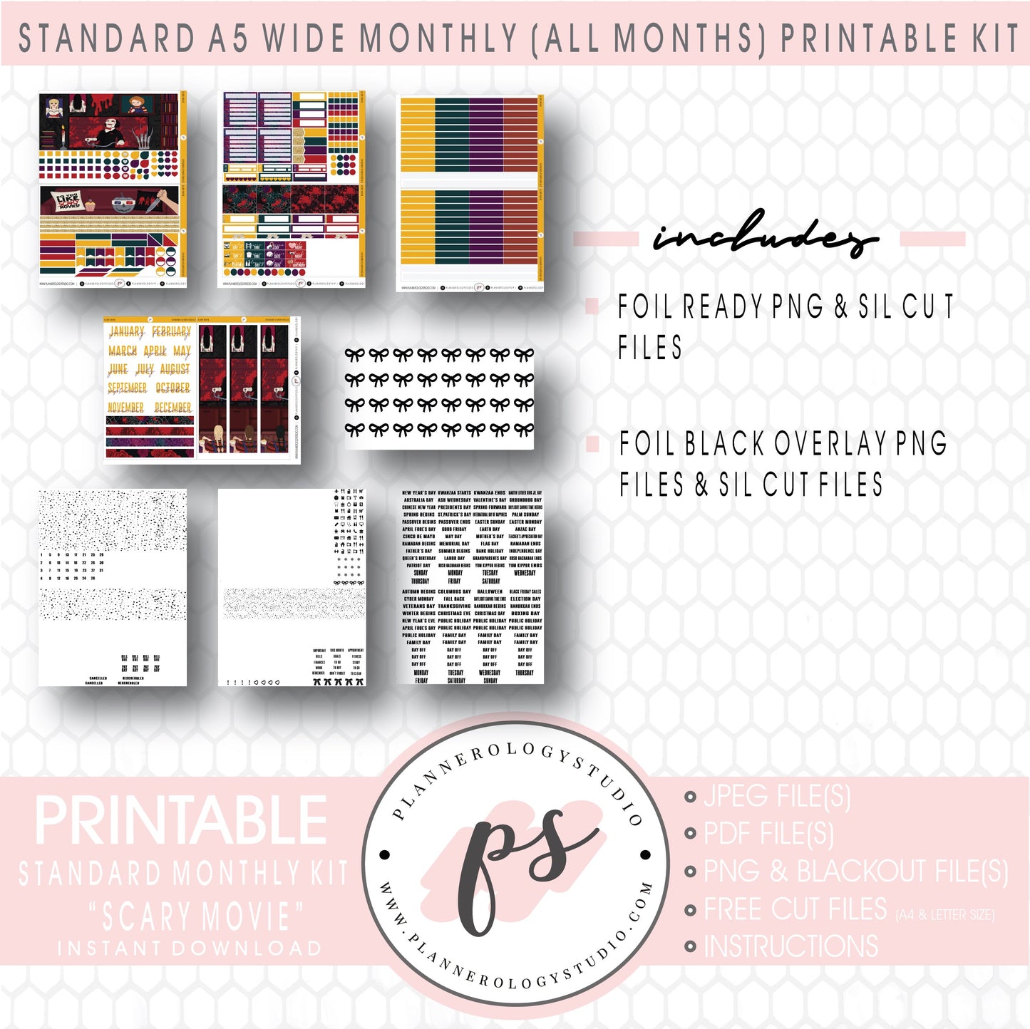 Scary Movie Foil Ready Monthly Kit Digital Printable Planner Stickers (Undated All Months for Standard A5 Wide Planners)
