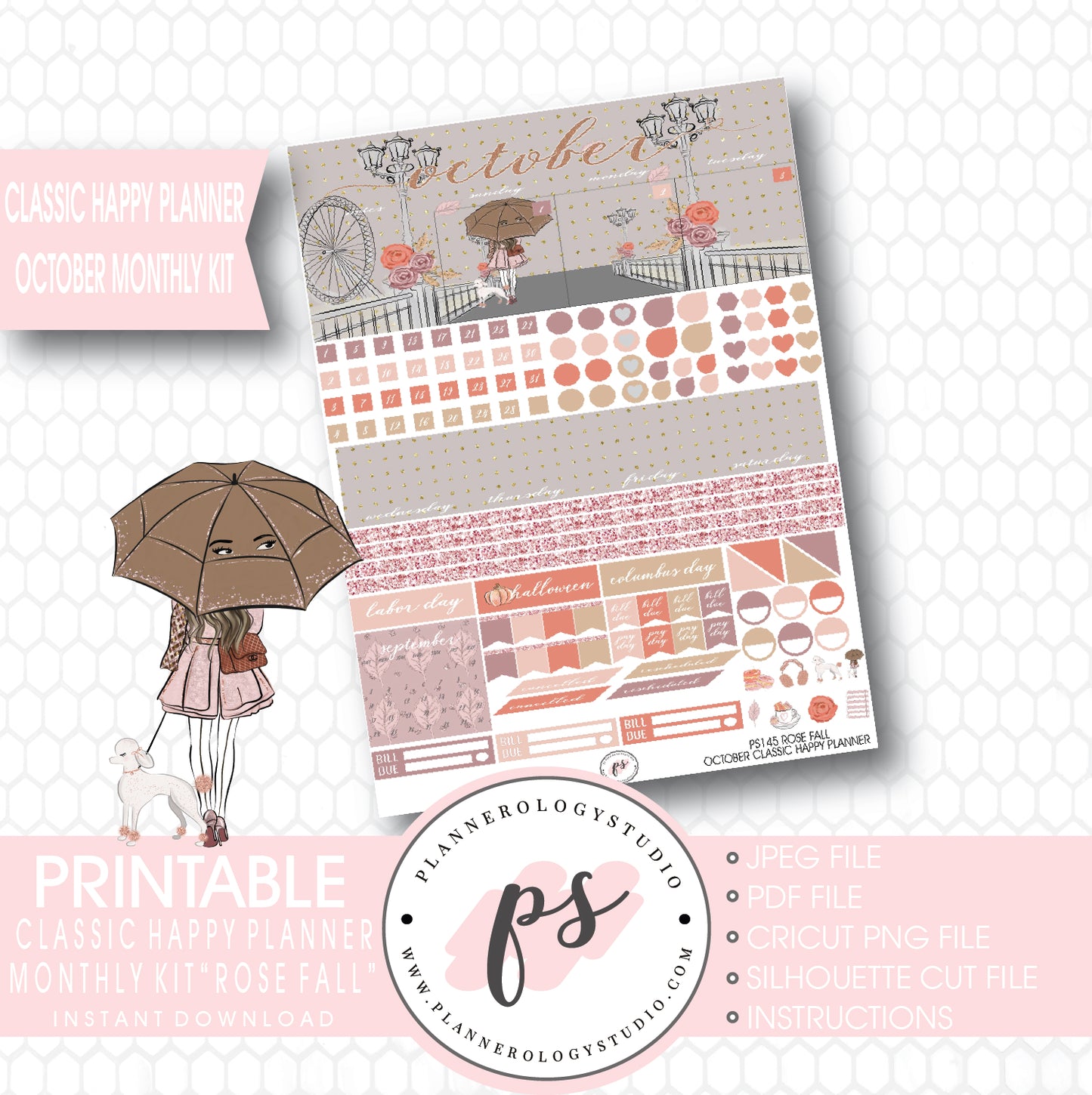 Rose Fall October 2017 Monthly View Kit Printable Planner Stickers (for use with Classic Happy Planner) - Plannerologystudio
