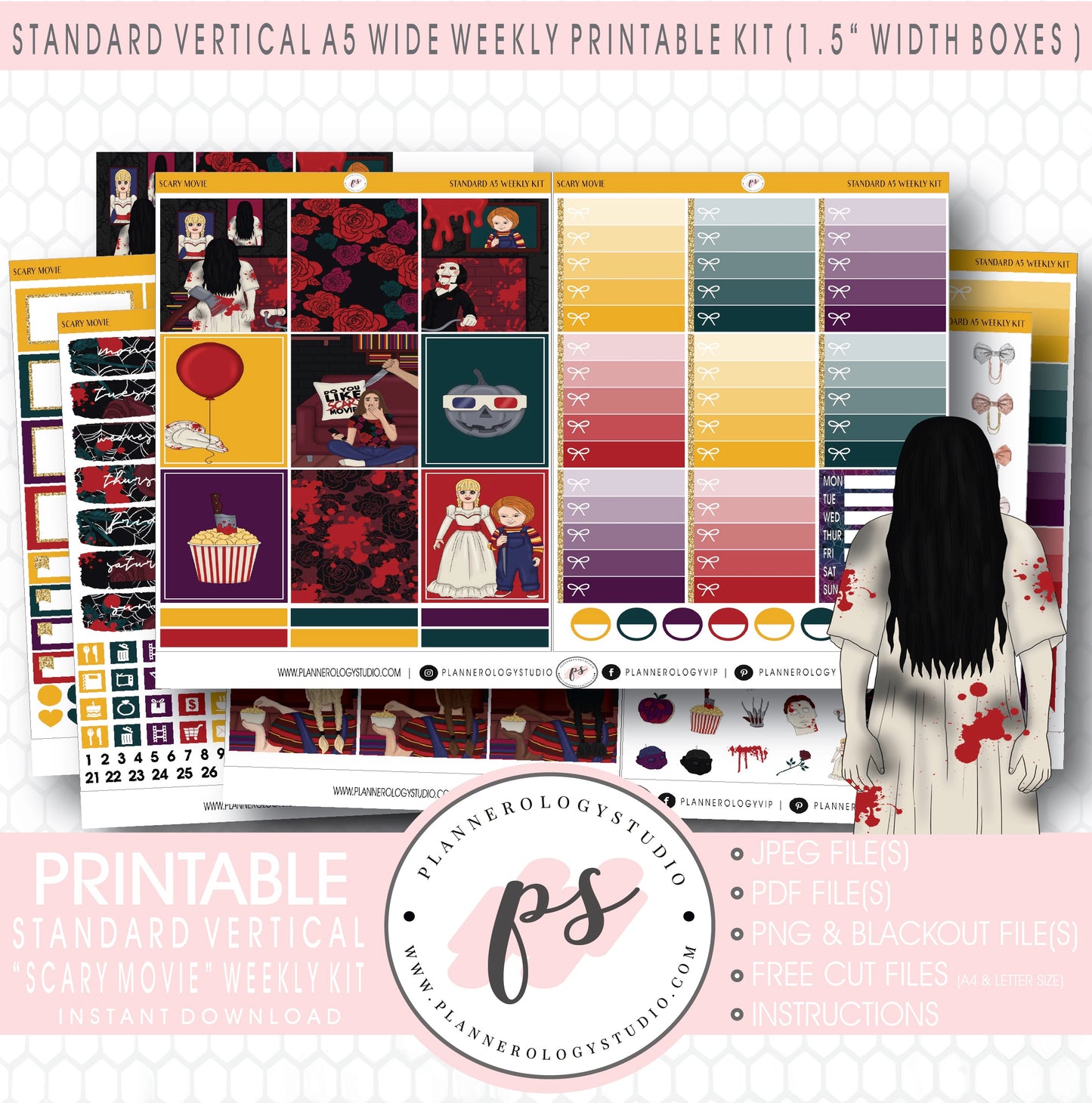 Scary Movie (Halloween) Weekly Digital Printable Planner Stickers Kit (for use with Standard Vertical A5 Wide Planners)