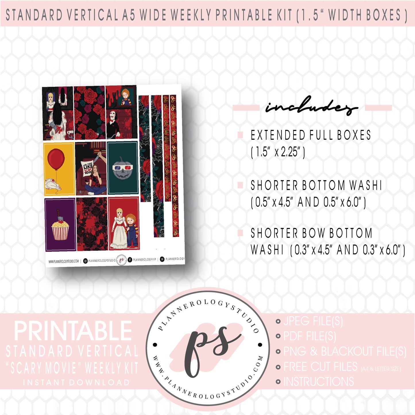 Scary Movie (Halloween) Weekly Digital Printable Planner Stickers Kit (for use with Standard Vertical A5 Wide Planners)