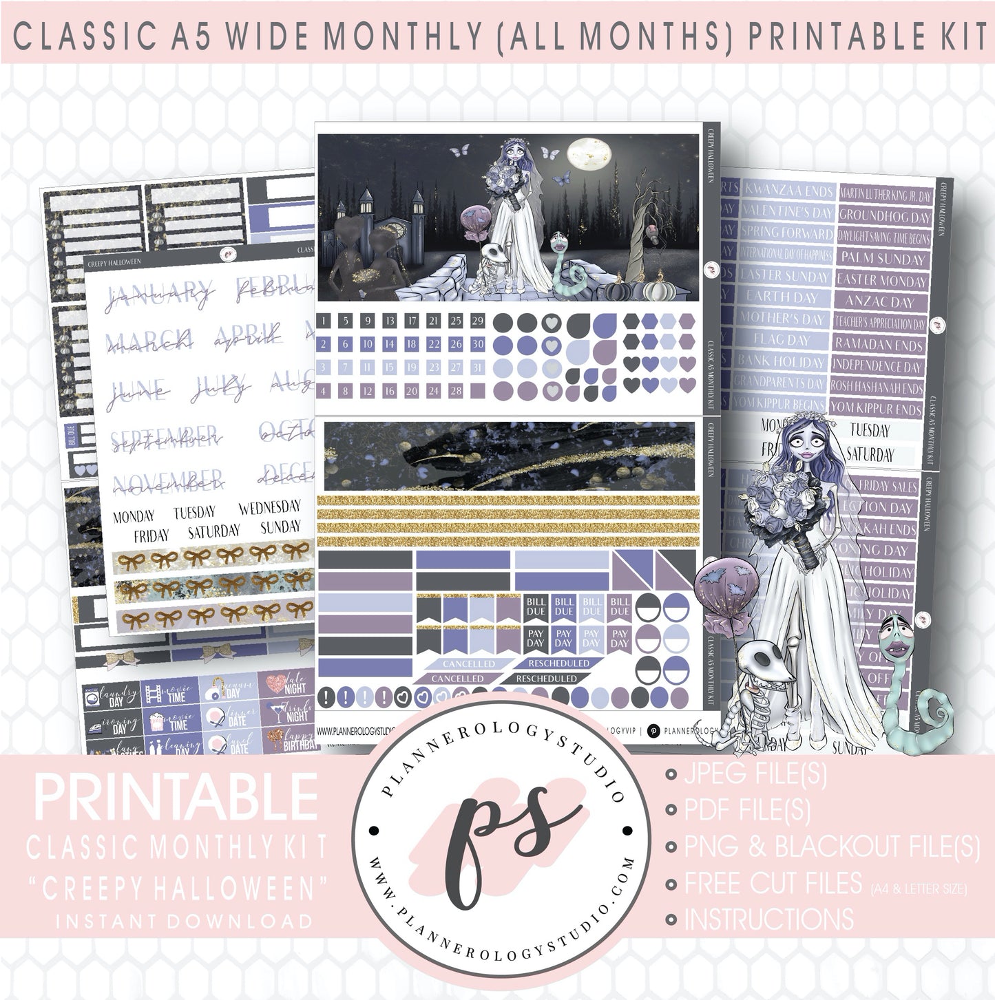 Creepy Halloween Monthly Kit Digital Printable Planner Stickers (Undated All Months for Classic A5 Wide Planners)