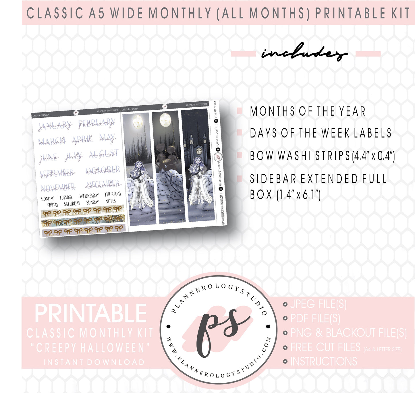Creepy Halloween Monthly Kit Digital Printable Planner Stickers (Undated All Months for Classic A5 Wide Planners)