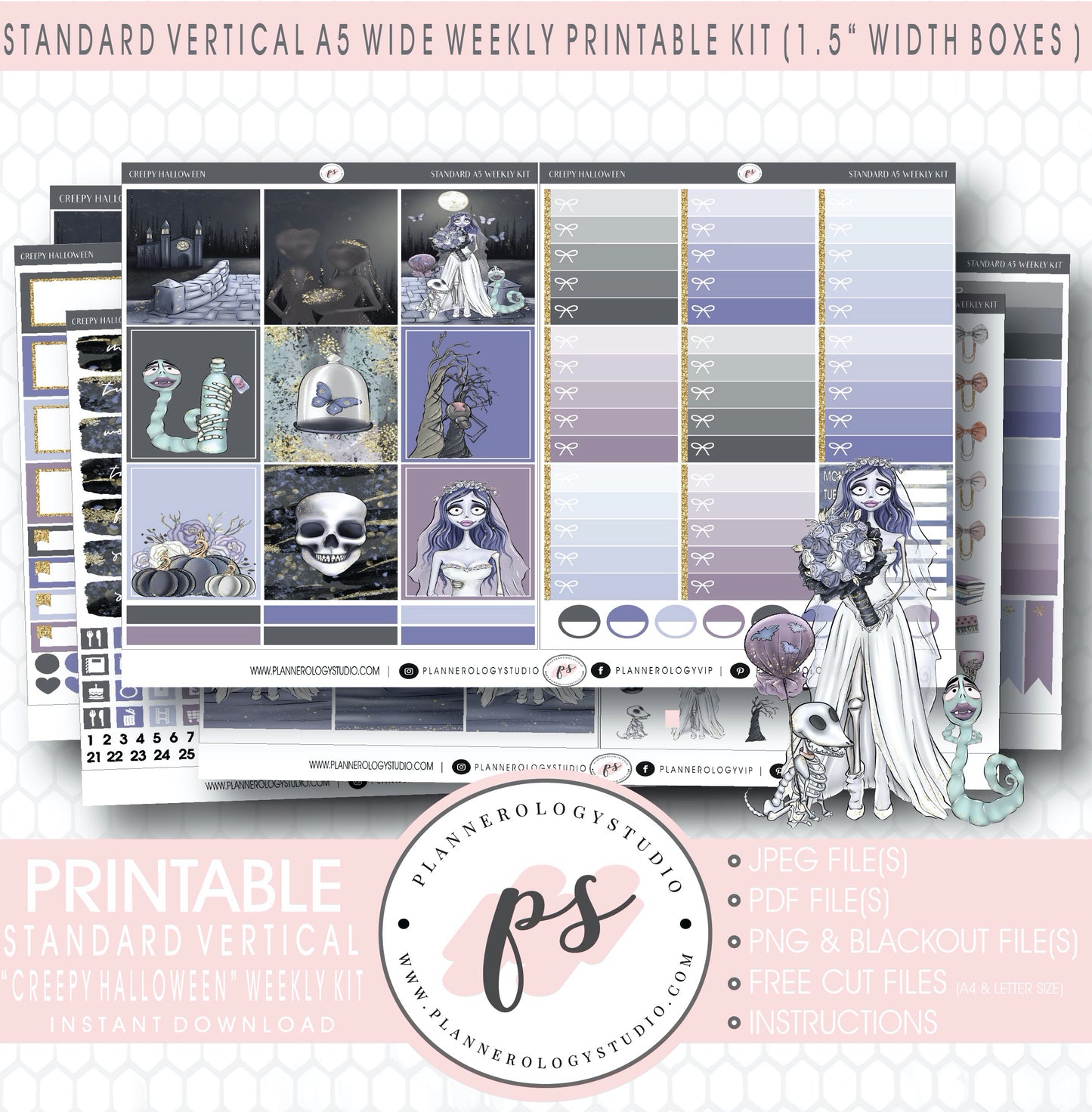 Creepy Halloween Weekly Digital Printable Planner Stickers Kit (for use with Standard Vertical A5 Wide Planners)