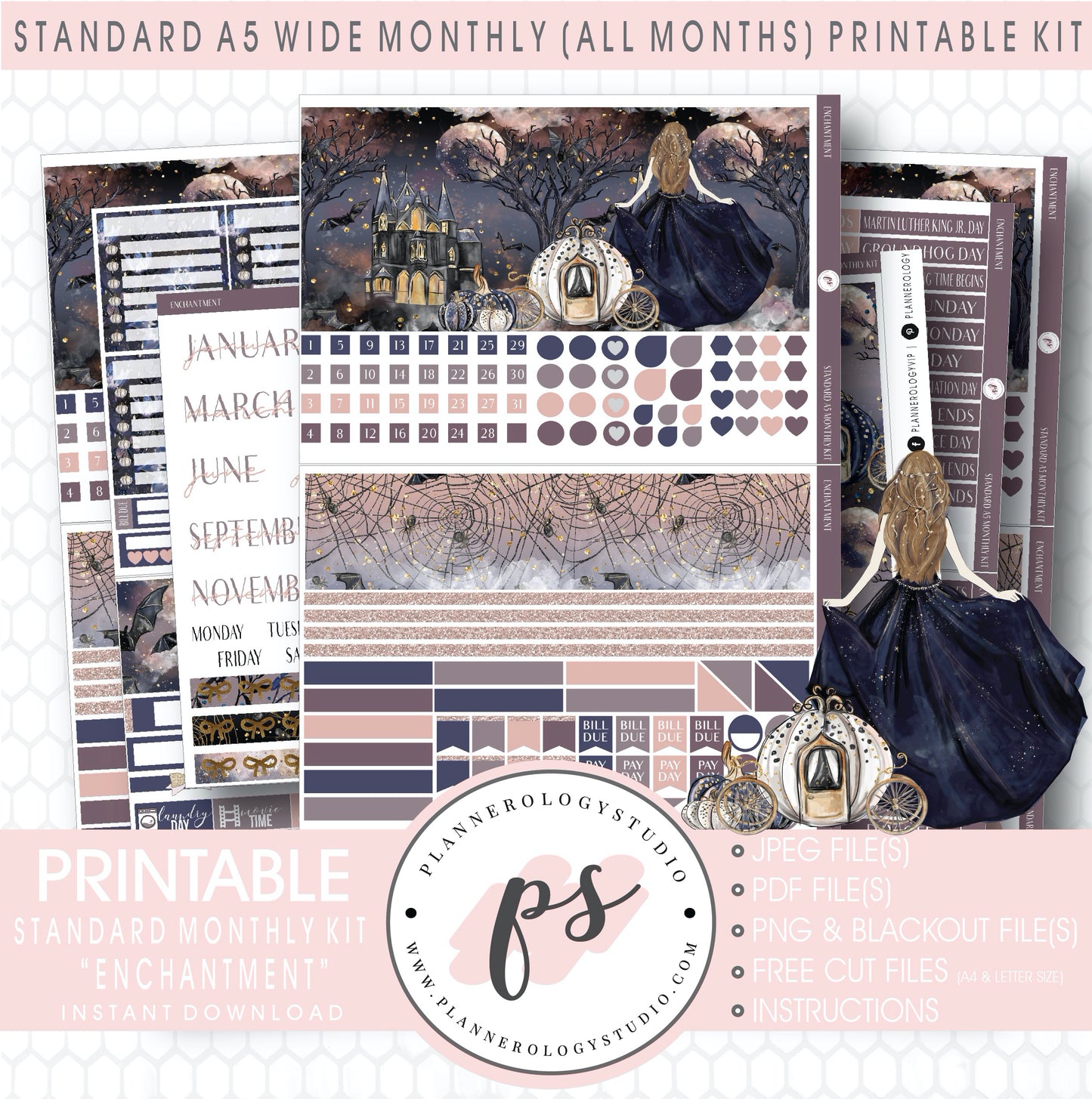 Enchantment Monthly Kit Digital Printable Planner Stickers (Undated All Months for Standard A5 Wide Planners)
