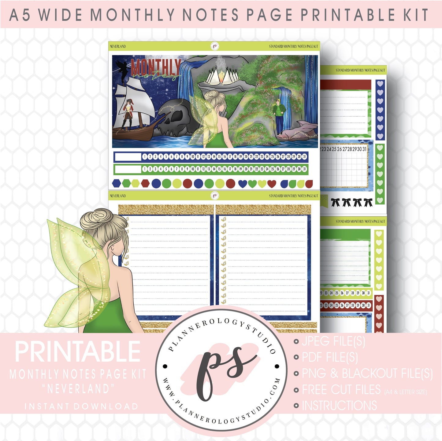 Neverland Monthly Notes Page Kit Digital Printable Planner Stickers (for use with Standard A5 Wide Planners)