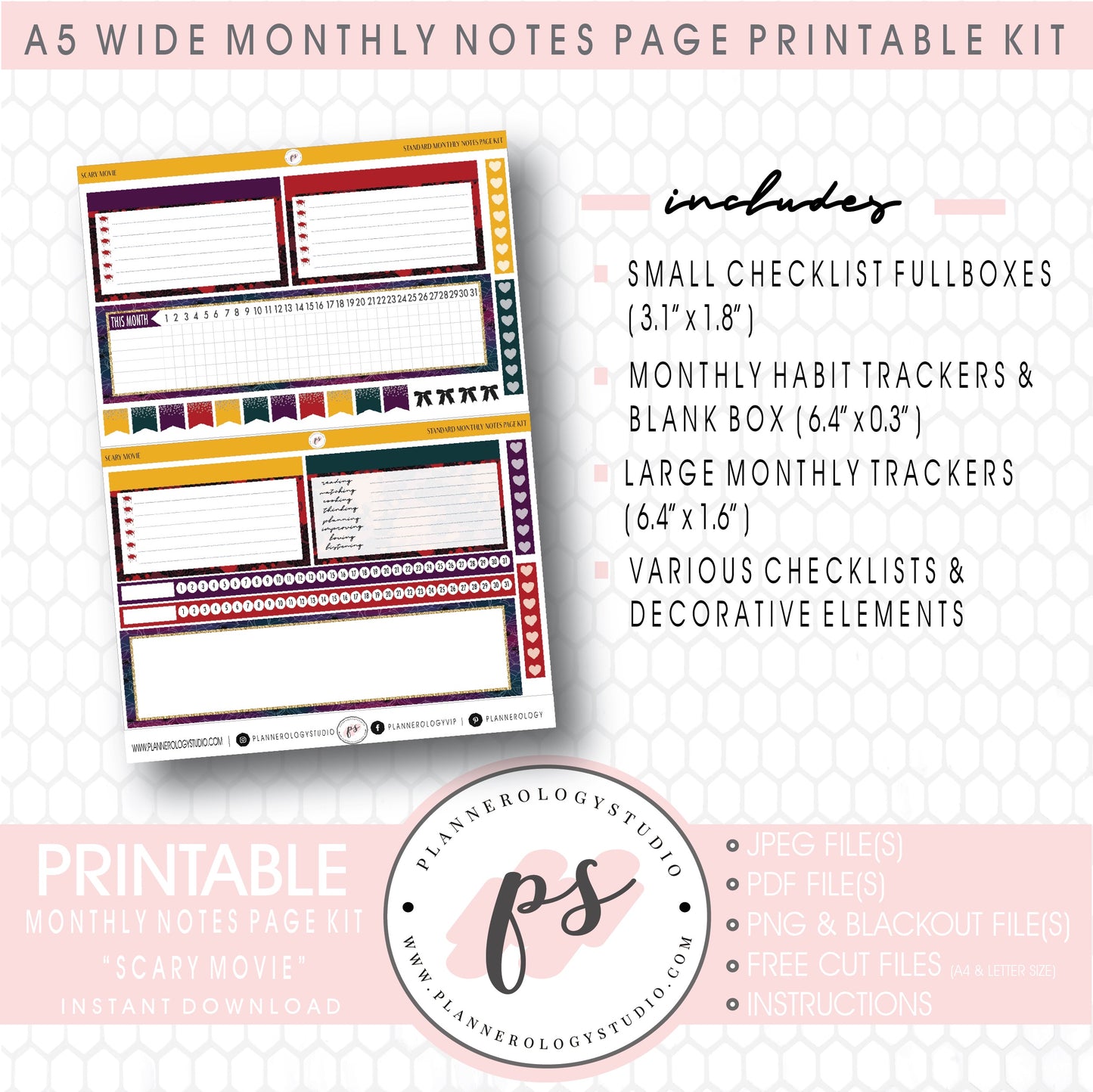 Scary Movie Monthly Notes Page Kit Digital Printable Planner Stickers (for use with Standard A5 Wide Planners)