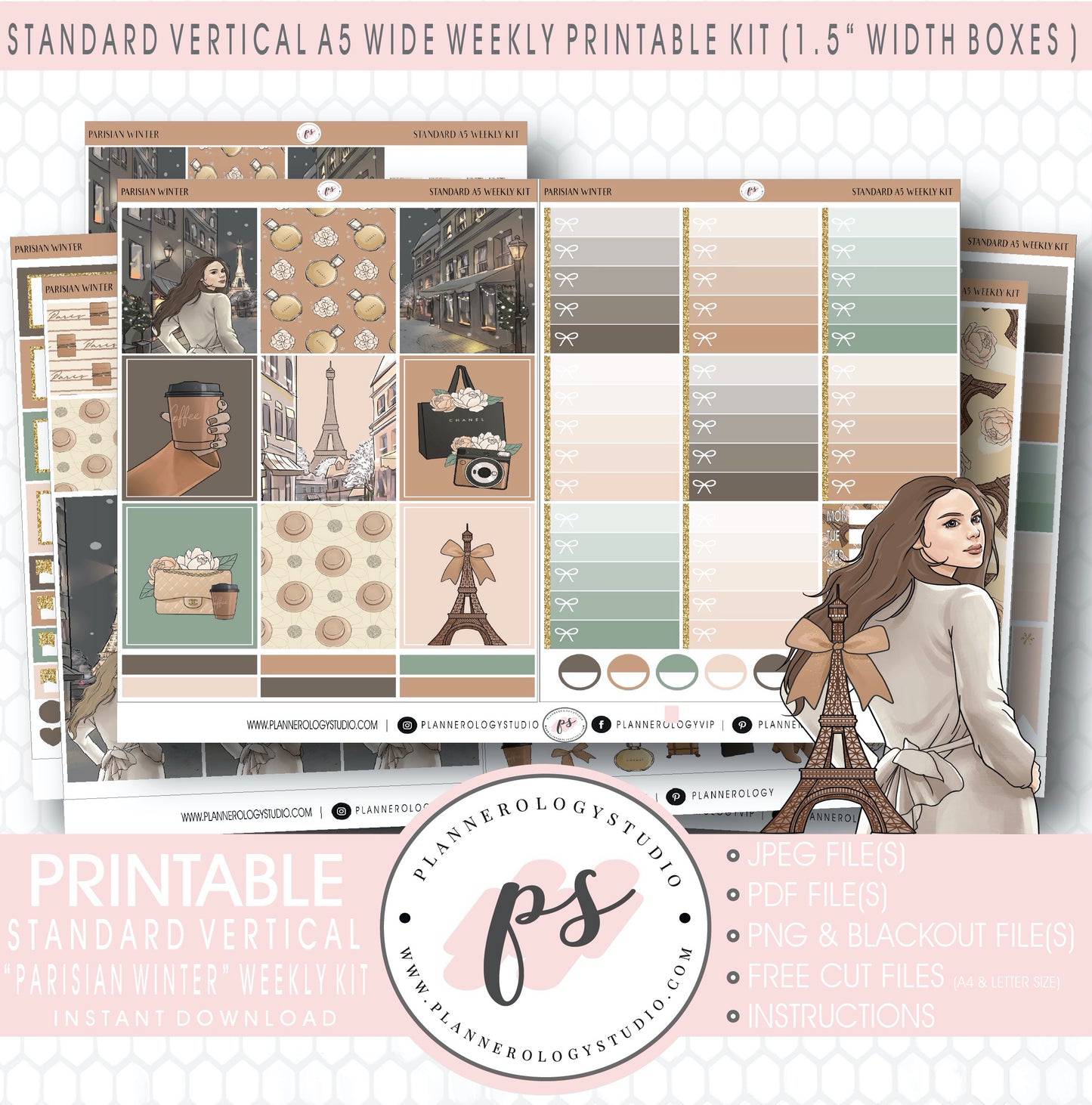 Parisian Winter Weekly Digital Printable Planner Stickers Kit (for use with Standard Vertical A5 Wide Planners)