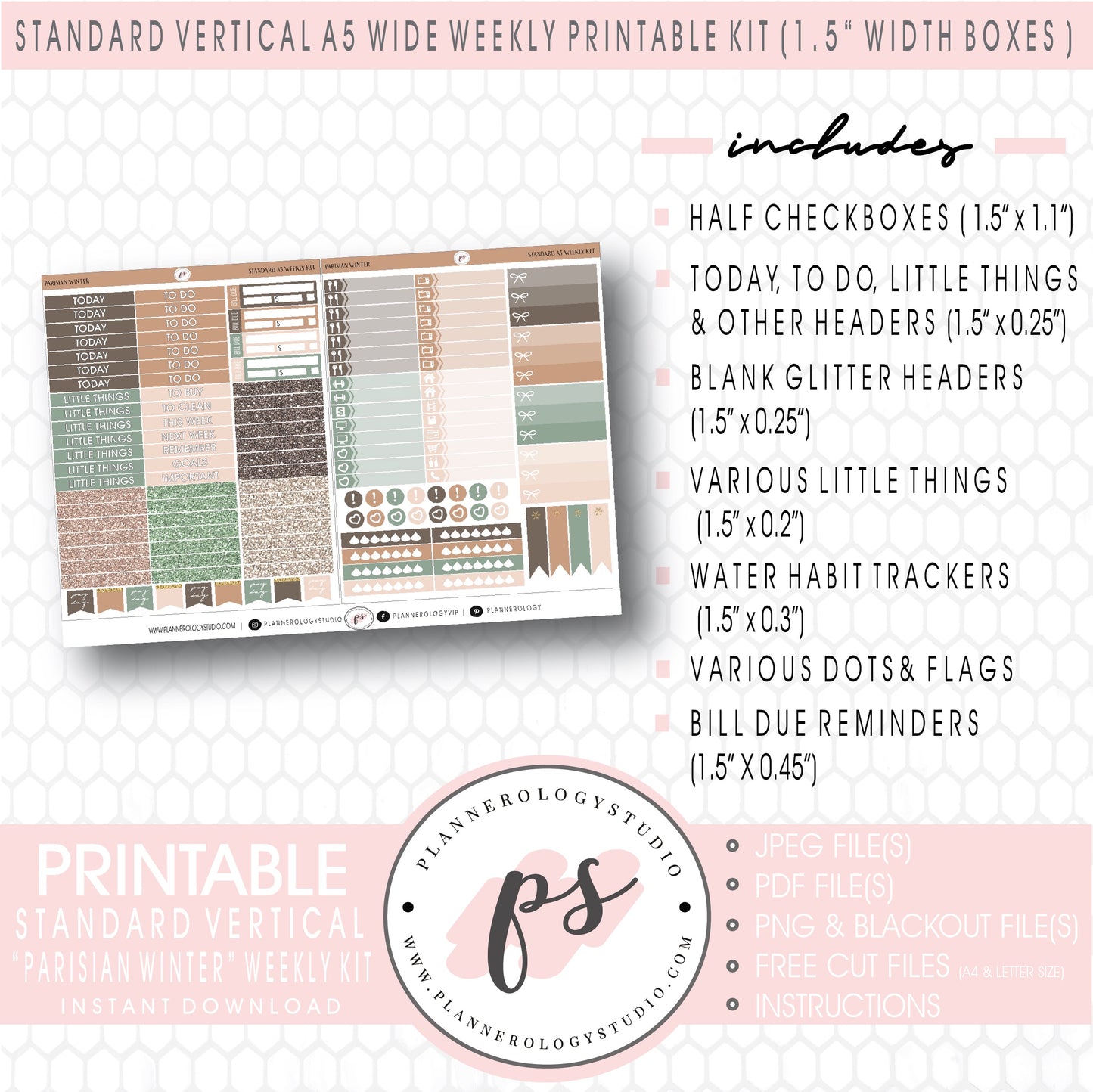 Parisian Winter Weekly Digital Printable Planner Stickers Kit (for use with Standard Vertical A5 Wide Planners)