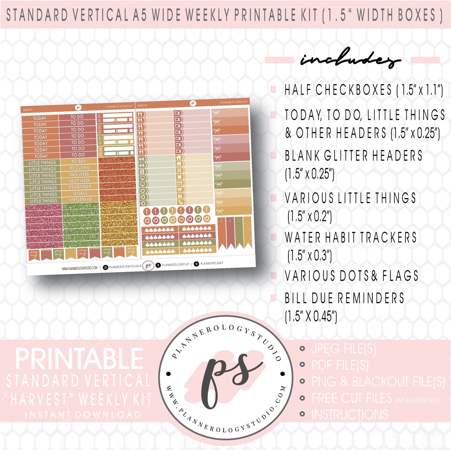 Harvest Weekly Digital Printable Planner Stickers Kit (for use with Standard Vertical A5 Wide Planners)