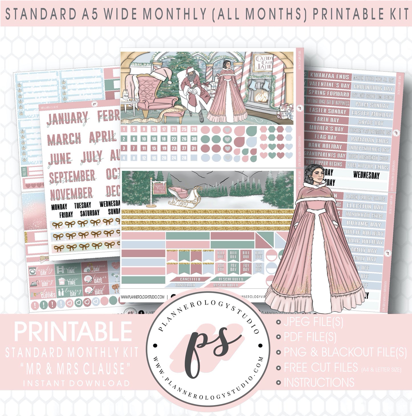 Mr & Mrs Clause Monthly Kit Digital Printable Planner Stickers (Undated All Months for Standard A5 Wide Planners)