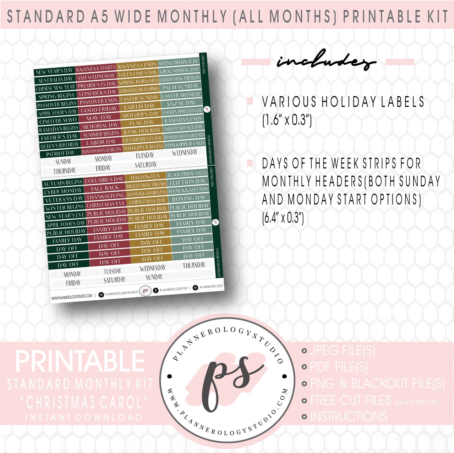 Christmas Carol Monthly Kit Digital Printable Planner Stickers (Undated All Months for Standard A5 Wide Planners)