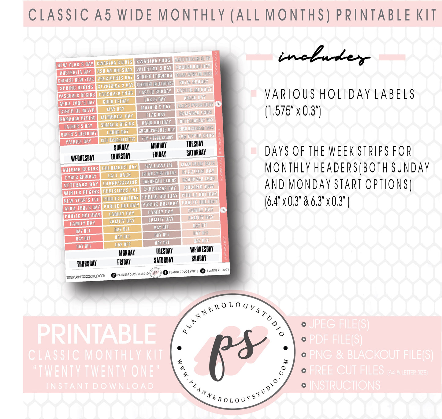 Twenty Twenty One New Years Monthly Kit Digital Printable Planner Stickers (Undated All Months for Classic A5 Wide Planners)
