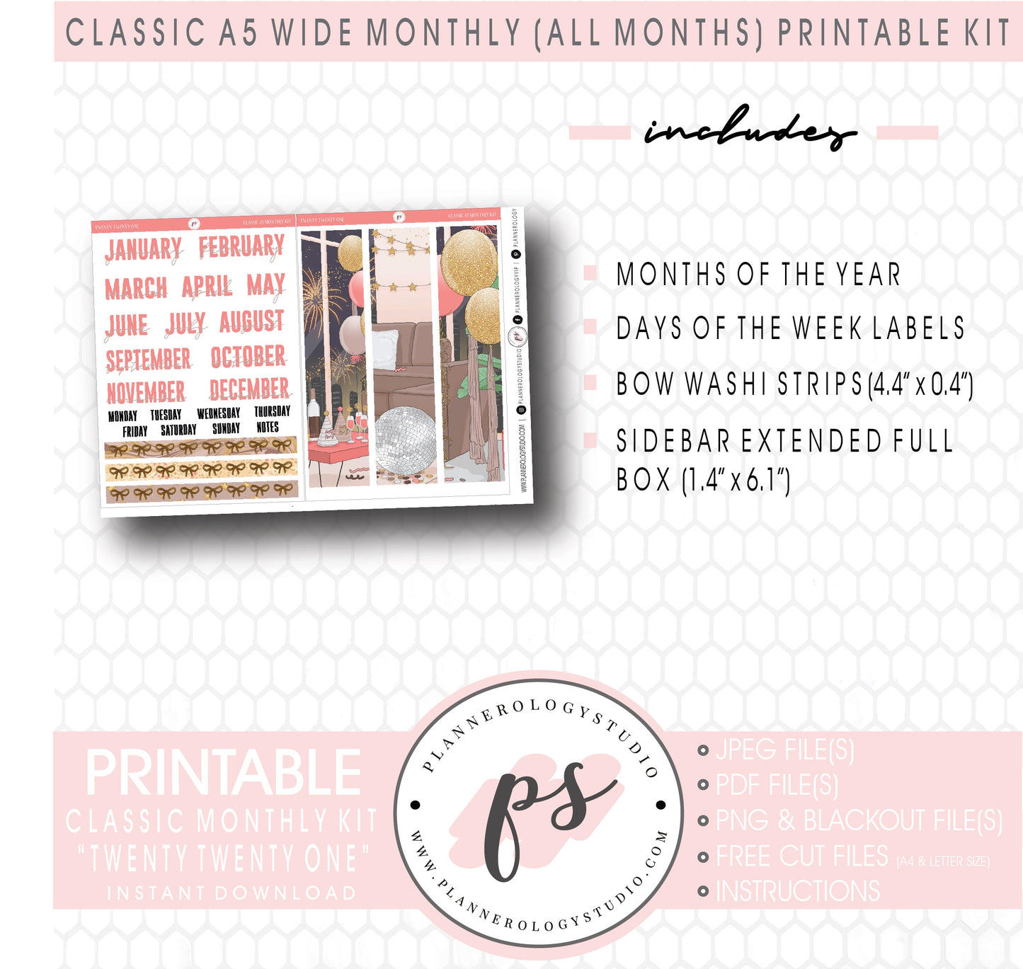 Twenty Twenty One New Years Monthly Kit Digital Printable Planner Stickers (Undated All Months for Classic A5 Wide Planners)