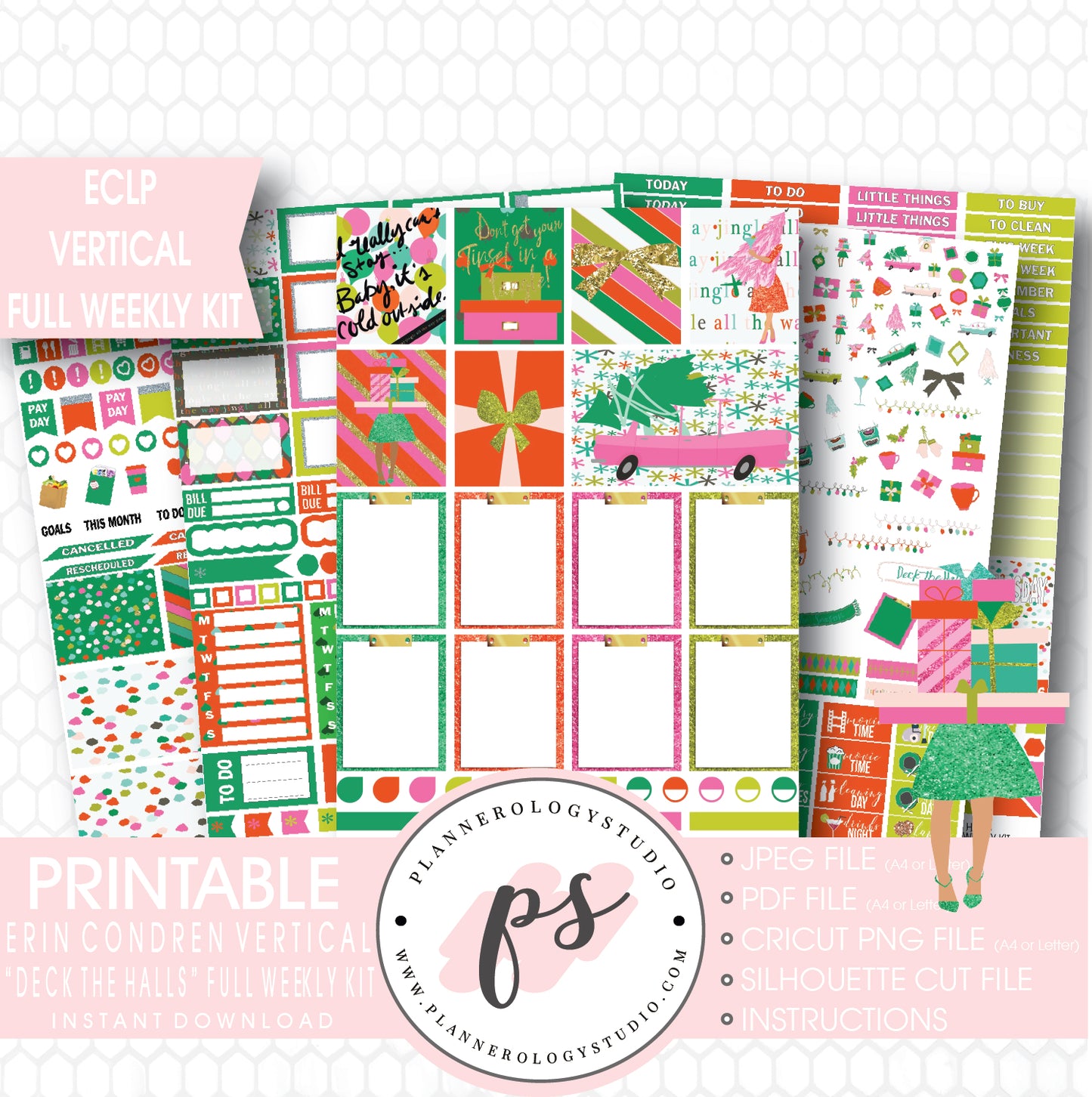 Deck the Halls Christmas Full Weekly Kit Printable Planner Stickers (for use with ECLP Vertical) - Plannerologystudio
