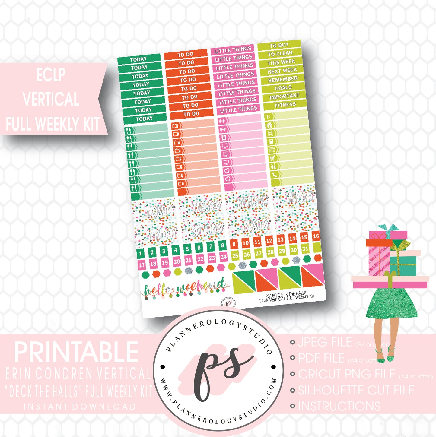 Deck the Halls Christmas Full Weekly Kit Printable Planner Stickers (for use with ECLP Vertical) - Plannerologystudio