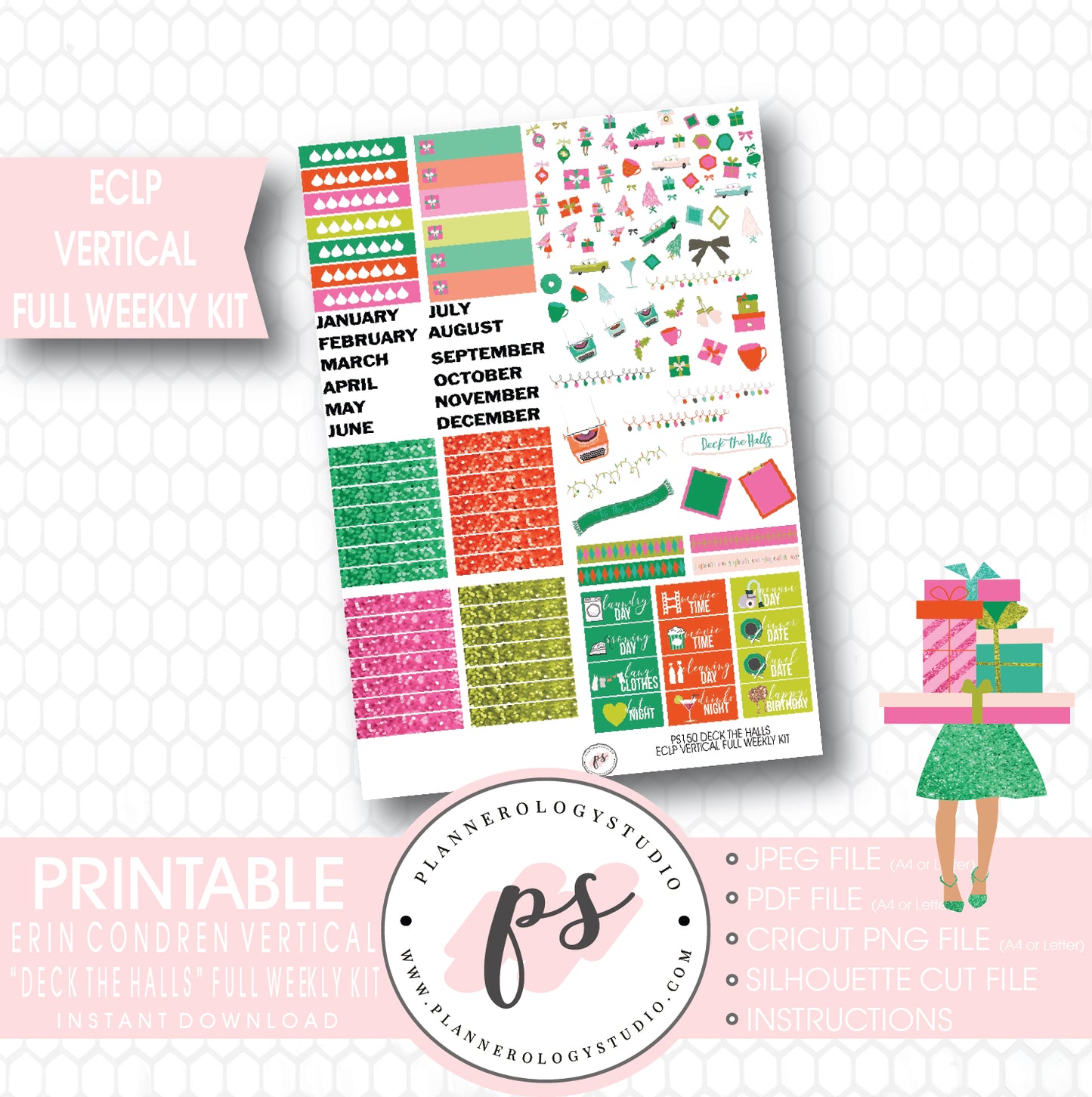 Deck the Halls Christmas Full Weekly Kit Printable Planner Stickers (for use with ECLP Vertical) - Plannerologystudio