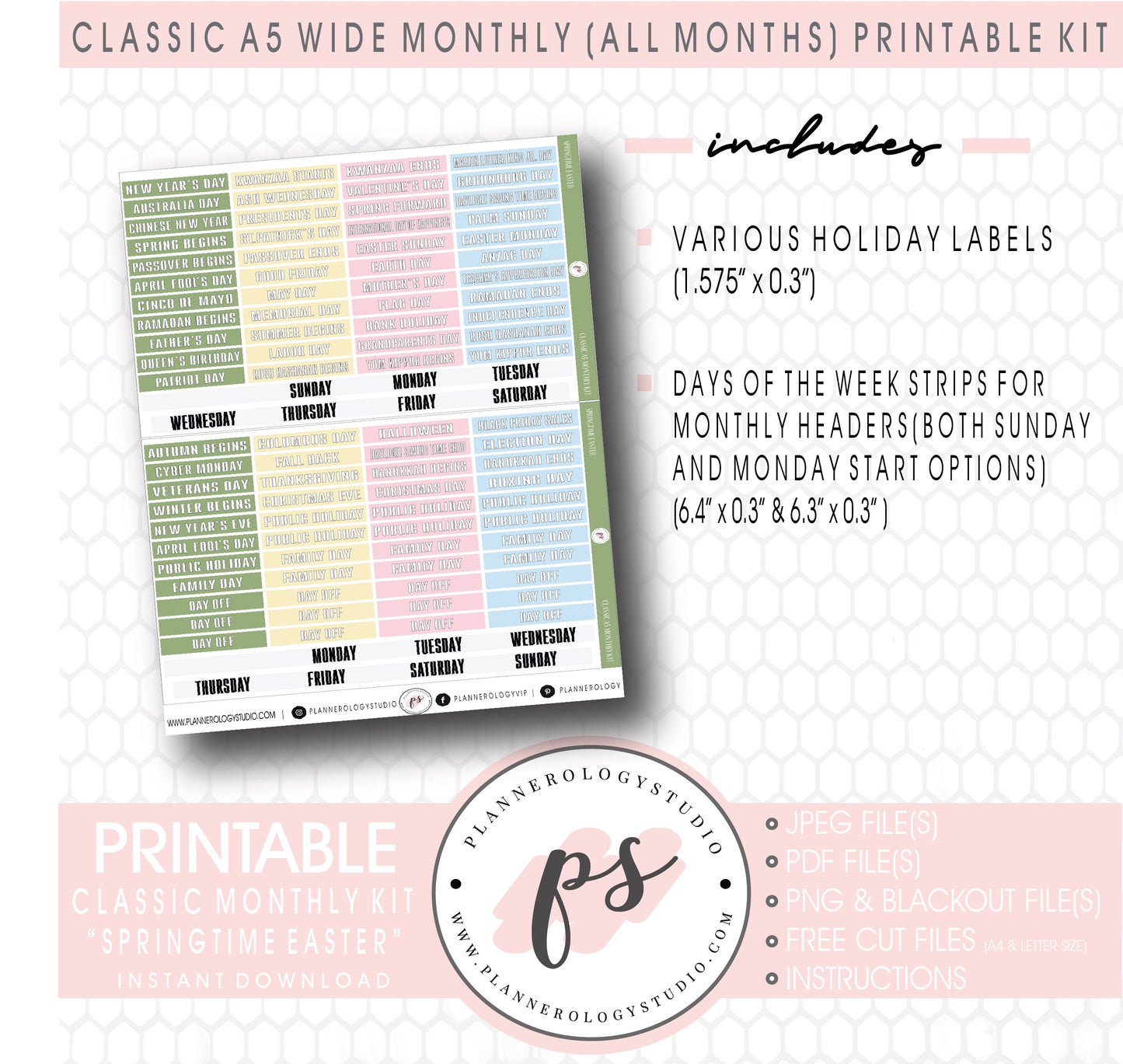 Springtime Easter Monthly Kit Digital Printable Planner Stickers (Undated All Months for Classic A5 Wide Planners)