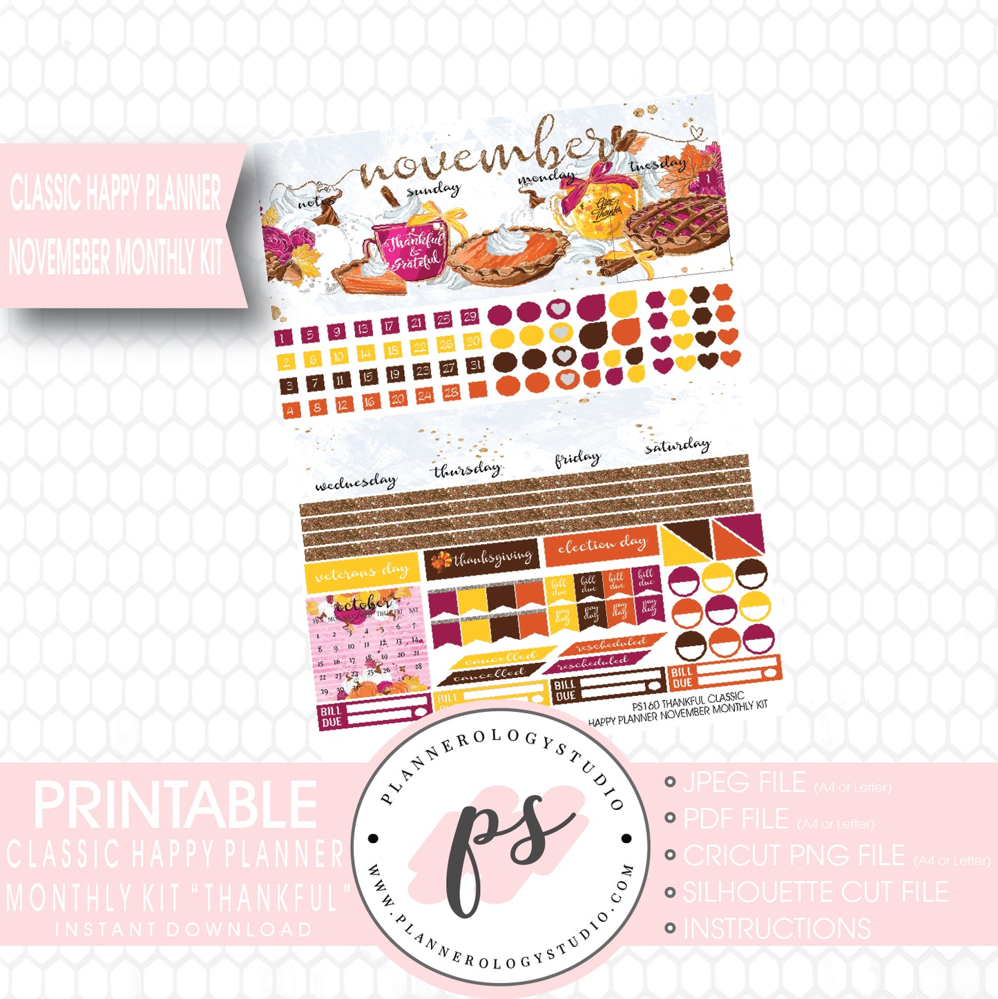 Thankful Thanksgiving November 2017 Monthly View Kit Printable Planner Stickers (for use with Classic Happy Planner) - Plannerologystudio