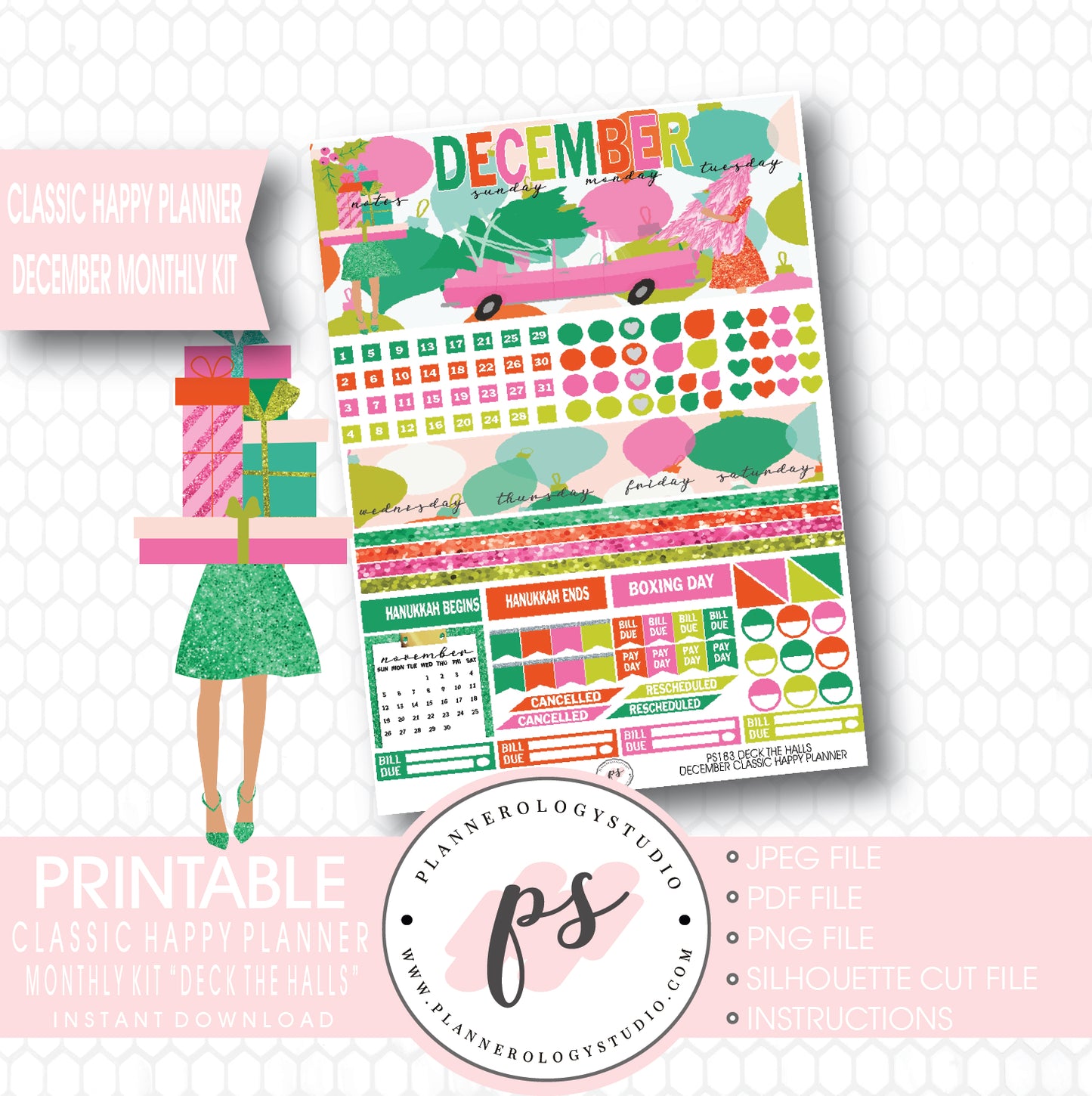 Deck the Halls Christmas 2017 December Monthly View Kit Printable Planner Stickers (for use with Classic Happy Planner) - Plannerologystudio