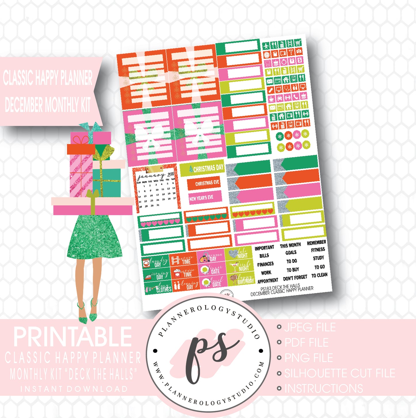 Deck the Halls Christmas 2017 December Monthly View Kit Printable Planner Stickers (for use with Classic Happy Planner) - Plannerologystudio