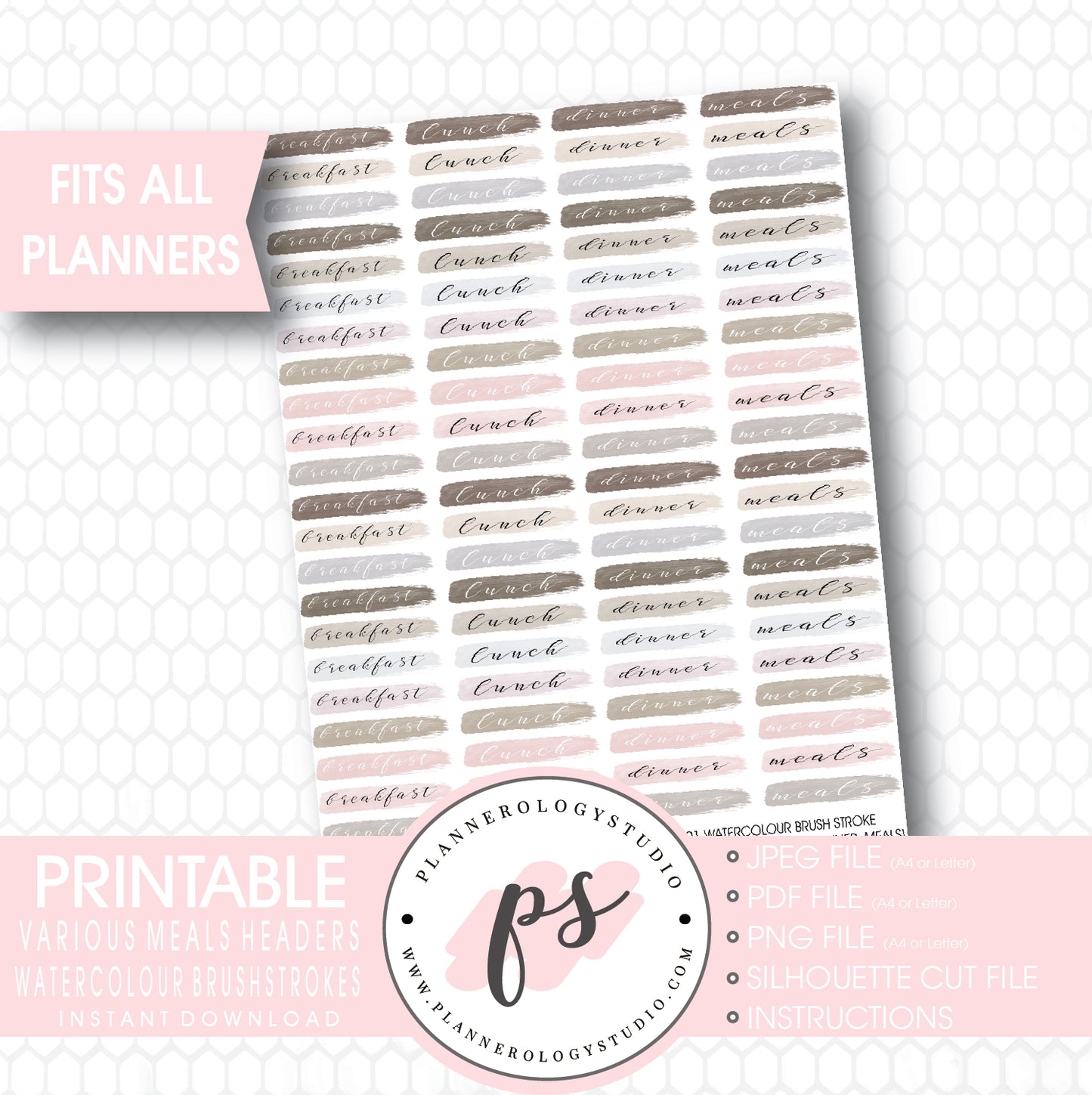 Watercolour Brushstrokes Meals Headers (Breakfast, Lunch, Dinner) Printable Planner Stickers - Plannerologystudio