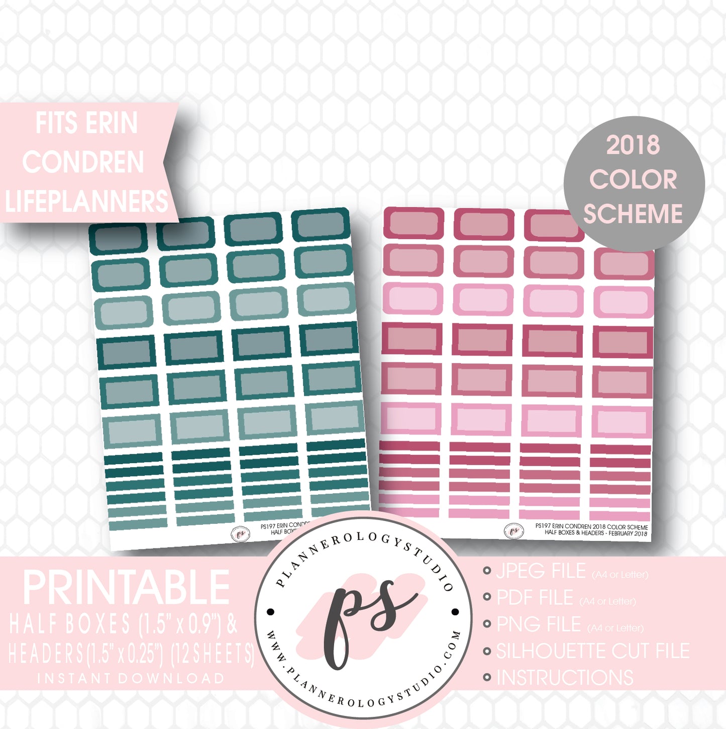 Erin Condren 2018 Color Scheme Half Boxes & Header Printable Planner Stickers Bundle (12 Sheets) - Plannerologystudio