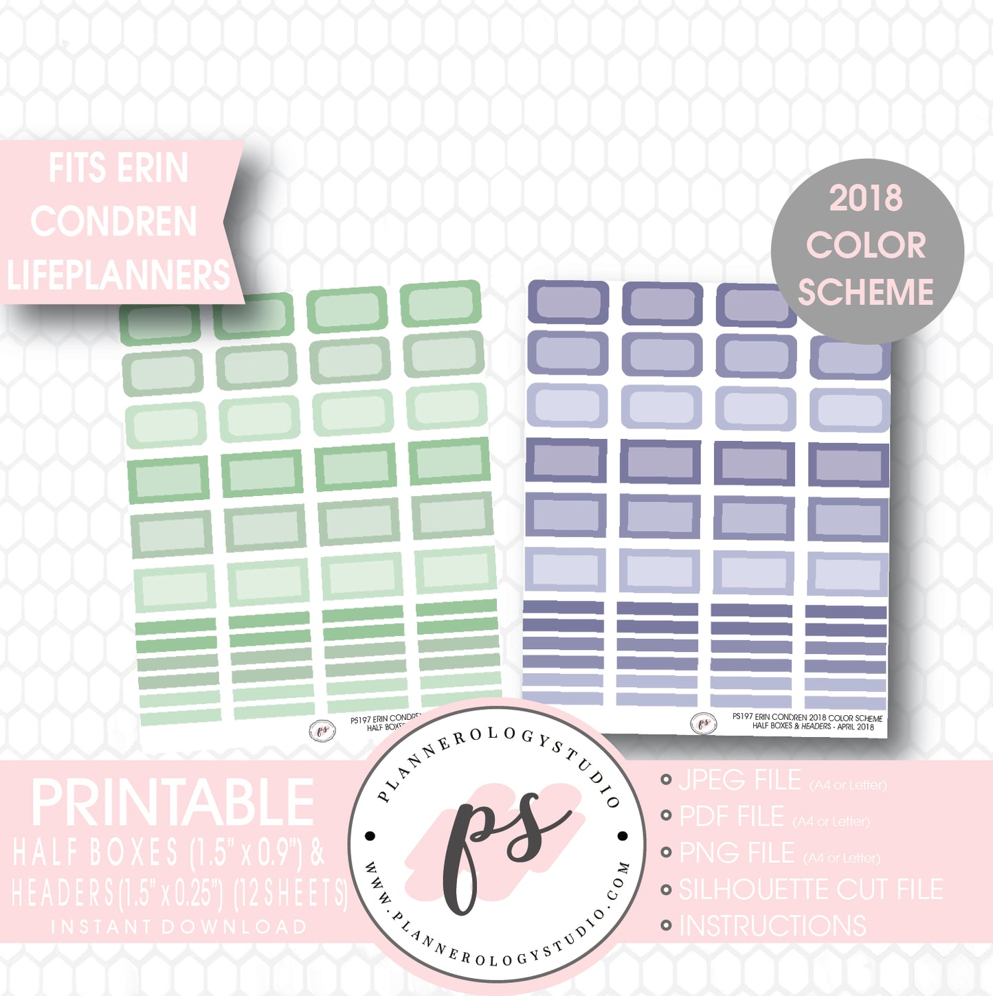 Erin Condren 2018 Color Scheme Half Boxes & Header Printable Planner Stickers Bundle (12 Sheets) - Plannerologystudio