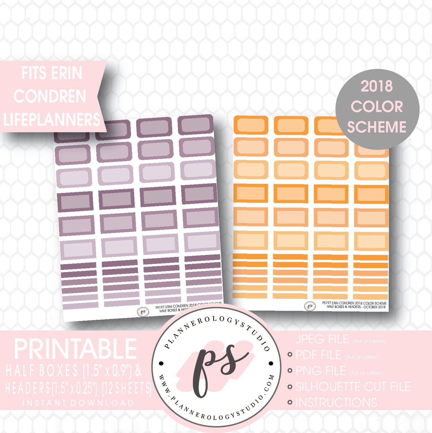 Erin Condren 2018 Color Scheme Half Boxes & Header Printable Planner Stickers Bundle (12 Sheets) - Plannerologystudio