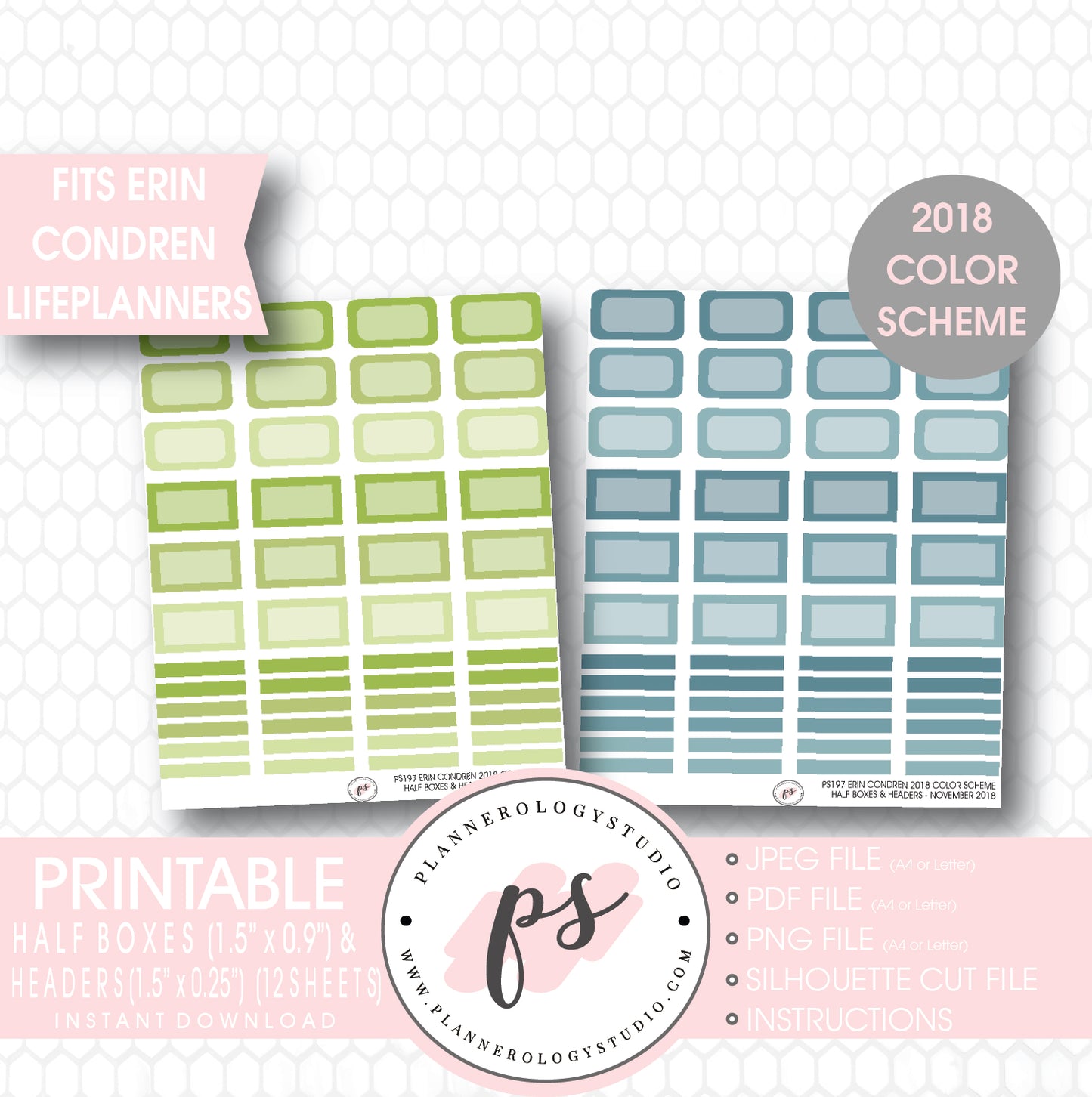 Erin Condren 2018 Color Scheme Half Boxes & Header Printable Planner Stickers Bundle (12 Sheets) - Plannerologystudio