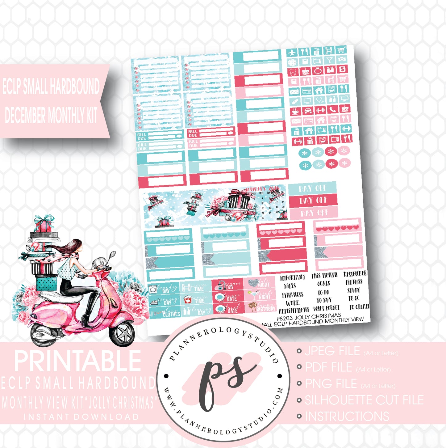 Jolly Christmas December 2017 Monthly View Kit Printable Planner Stickers (for use with ECLP Small Hardbound) - Plannerologystudio