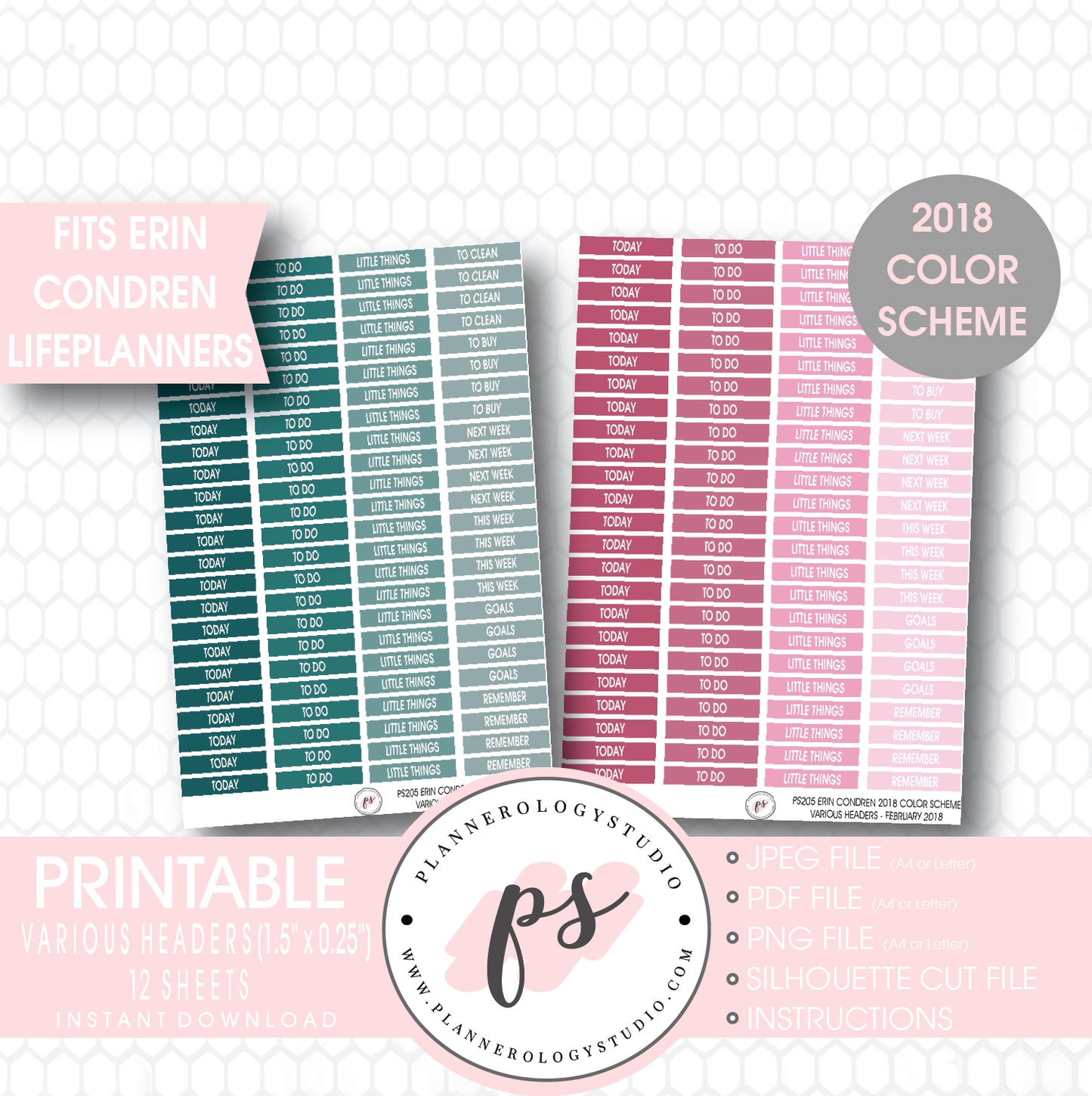 Erin Condren 2018 Color Scheme Header (Today, Today, etc) Printable Planner Stickers Bundle (12 Sheets) - Plannerologystudio