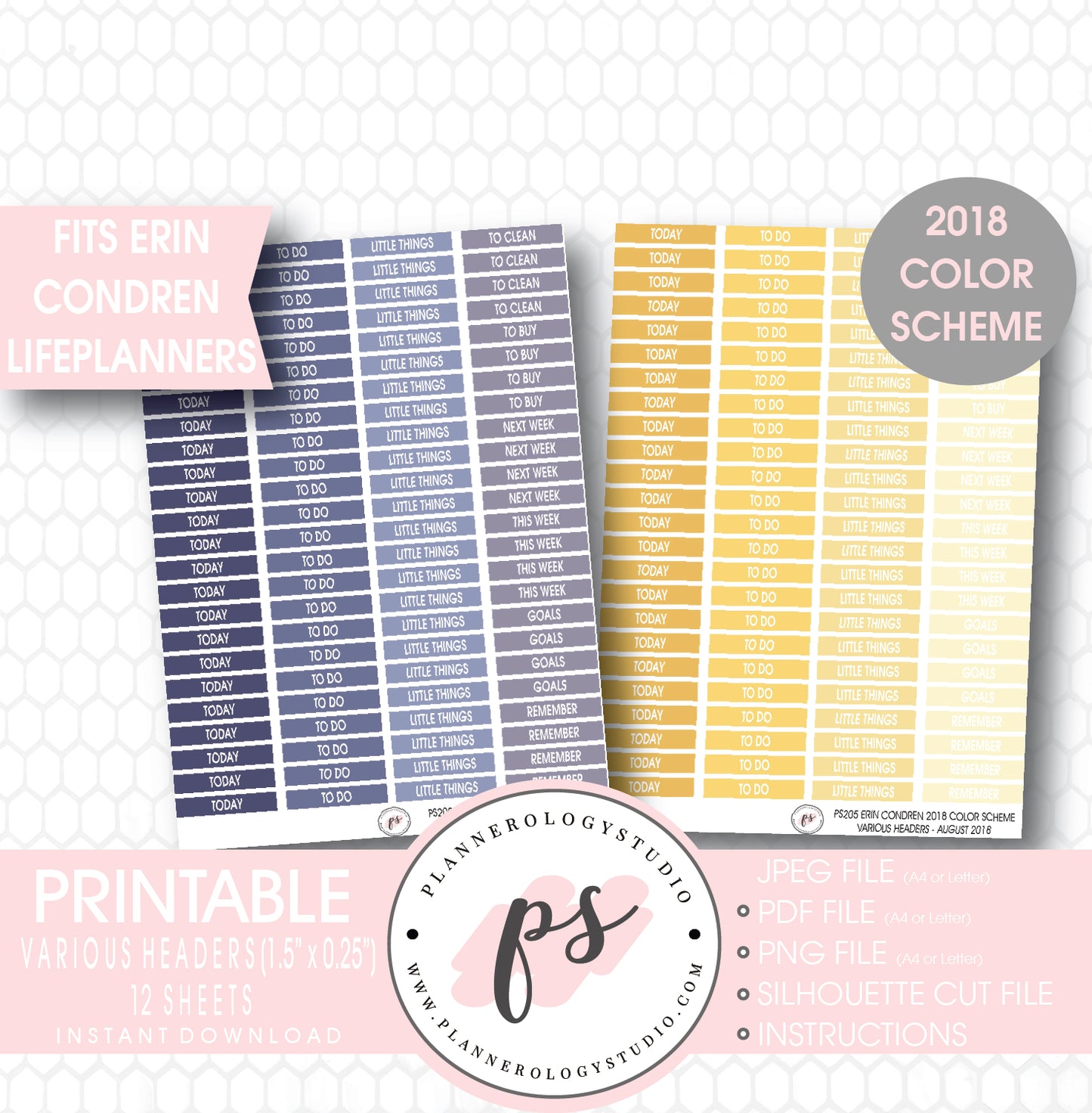 Erin Condren 2018 Color Scheme Header (Today, Today, etc) Printable Planner Stickers Bundle (12 Sheets) - Plannerologystudio