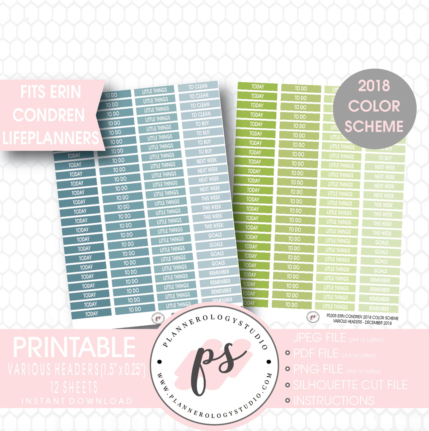 Erin Condren 2018 Color Scheme Header (Today, Today, etc) Printable Planner Stickers Bundle (12 Sheets) - Plannerologystudio