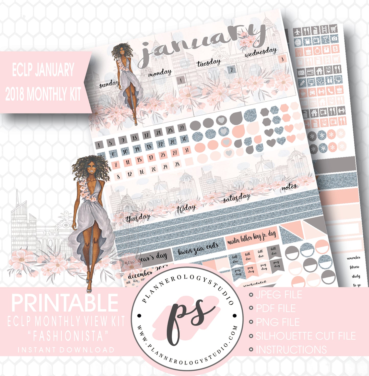 Fashionista (Dark Skin Tone) January 2018 Monthly View Kit Printable Planner Stickers (for use with ECLP) - Plannerologystudio