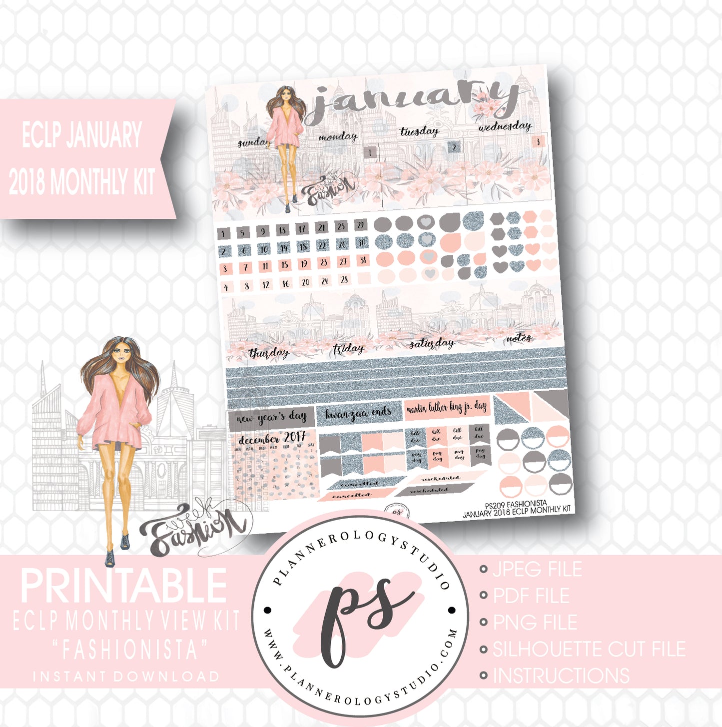 Fashionista January 2018 Monthly View Kit Printable Planner Stickers (for use with ECLP) - Plannerologystudio