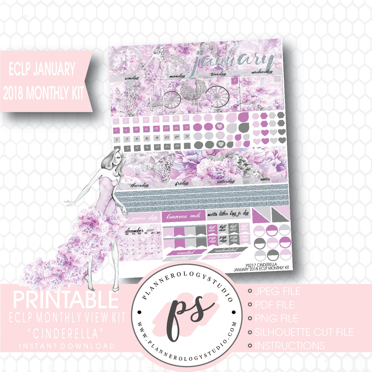 Cinderella January 2018 Monthly View Kit Printable Planner Stickers (for use with ECLP) - Plannerologystudio