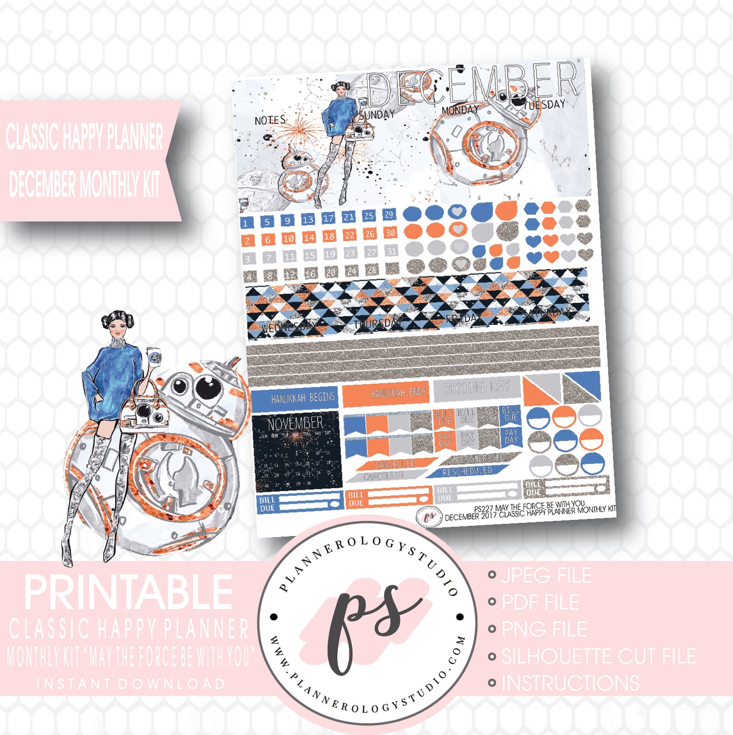May the Force Be With You December 2017 Monthly View Kit Printable Planner Stickers (for use with Classic Happy Planner) - Plannerologystudio