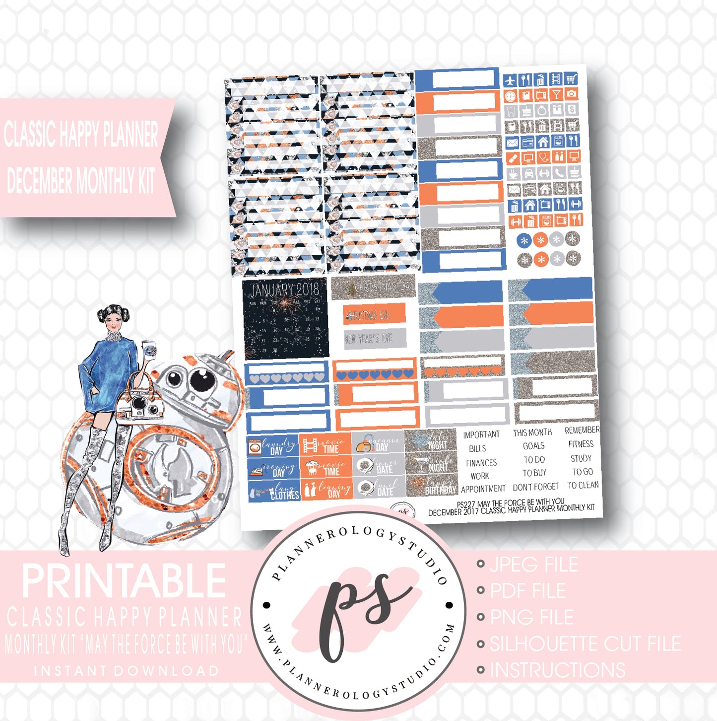 May the Force Be With You December 2017 Monthly View Kit Printable Planner Stickers (for use with Classic Happy Planner) - Plannerologystudio